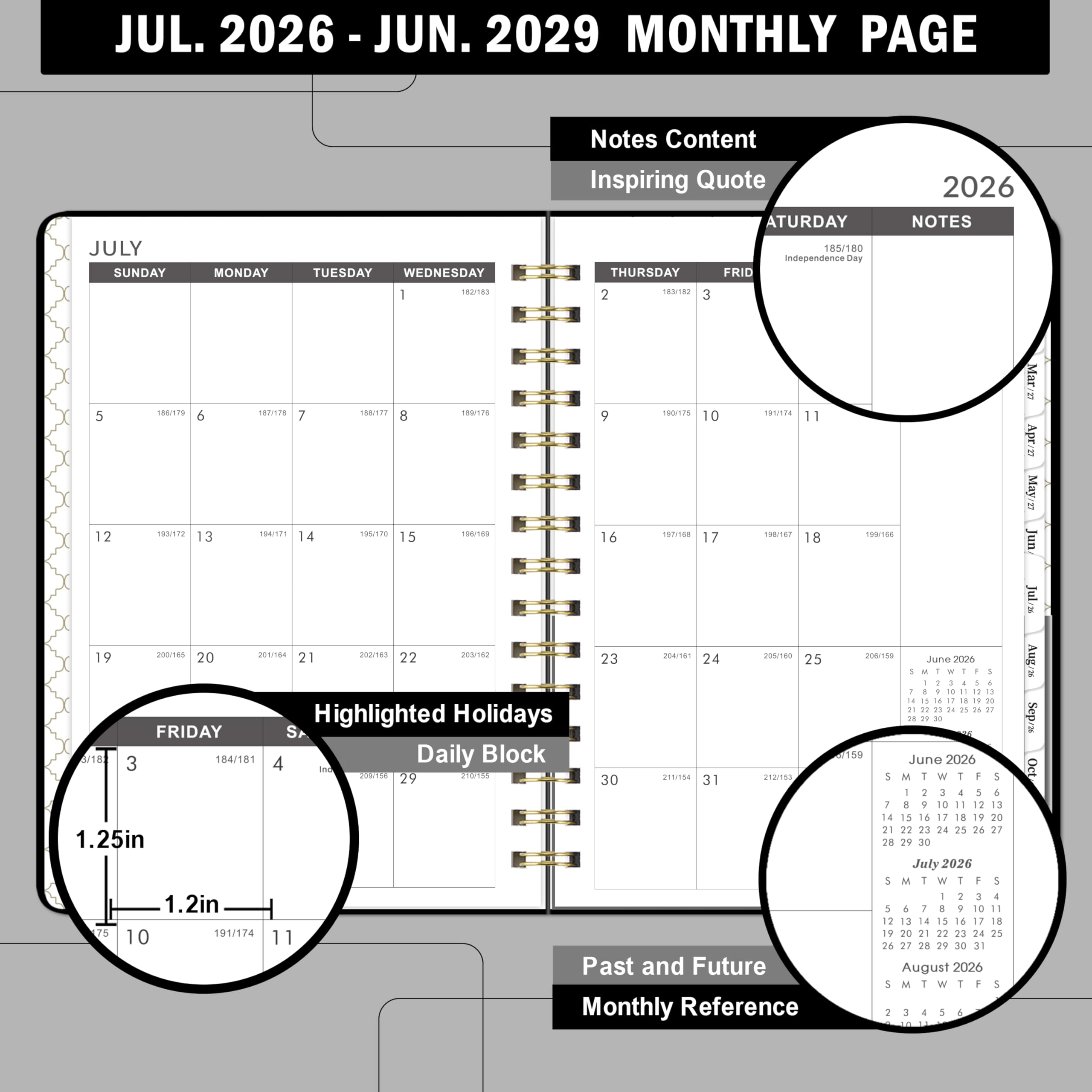 Monatsplaner 2026–2029 – 3-Jahres-Monatsplaner 2026–2029, 16,3 x 21,6 cm | Jul. 2026 - Jun. Kalender 2029, 36-Monatskalender mit Hardcover, Innentasche