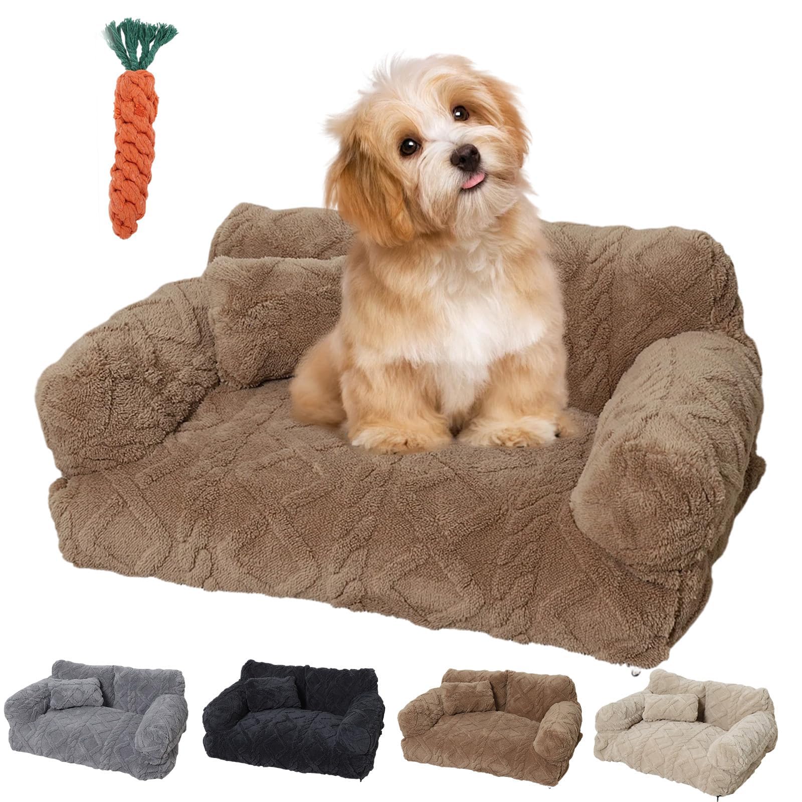 Pnedeodm Plush Calming Pet Sofa Bed, Calming Pet Sofa with Washable Removable Cover, Anti-Anxiety Plush Dog Couch with Raised Rim & Non-slip Bottom, Soft Cat Sofa for Small Medium Pets (Khaki, XL)