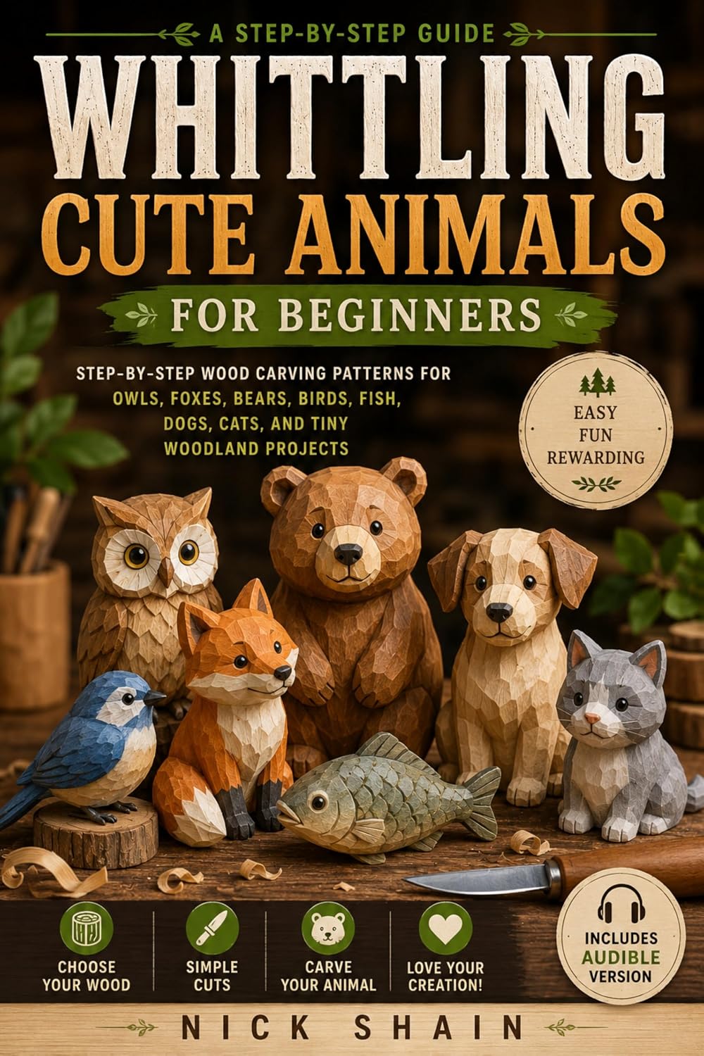 Whittling Cute Animals for Beginners: Step-by-Step Wood Carving Patterns for Owls, Foxes, Bears, Birds, Fish, Dogs, Cats, and Tiny Woodland Projects