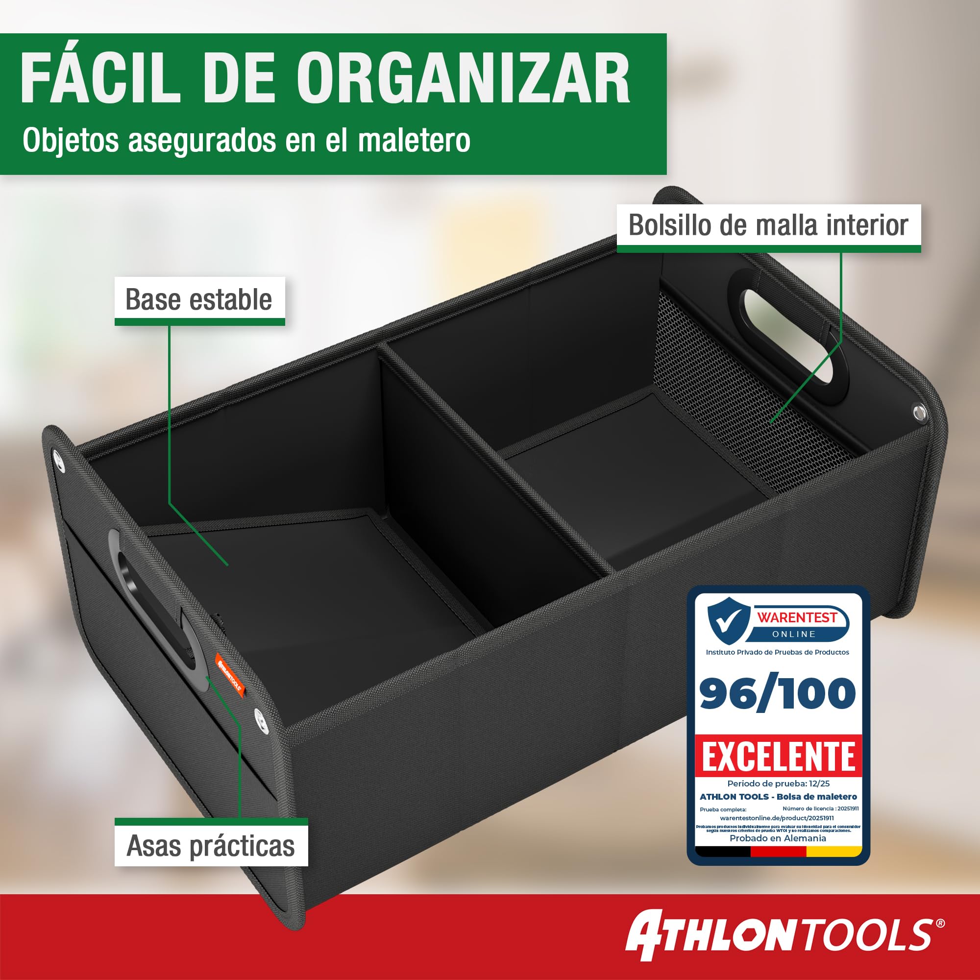 ATHLON TOOLS Bolsa organizadora para el maletero, caja plegable para el coche, reforzada y robusta, antideslizante