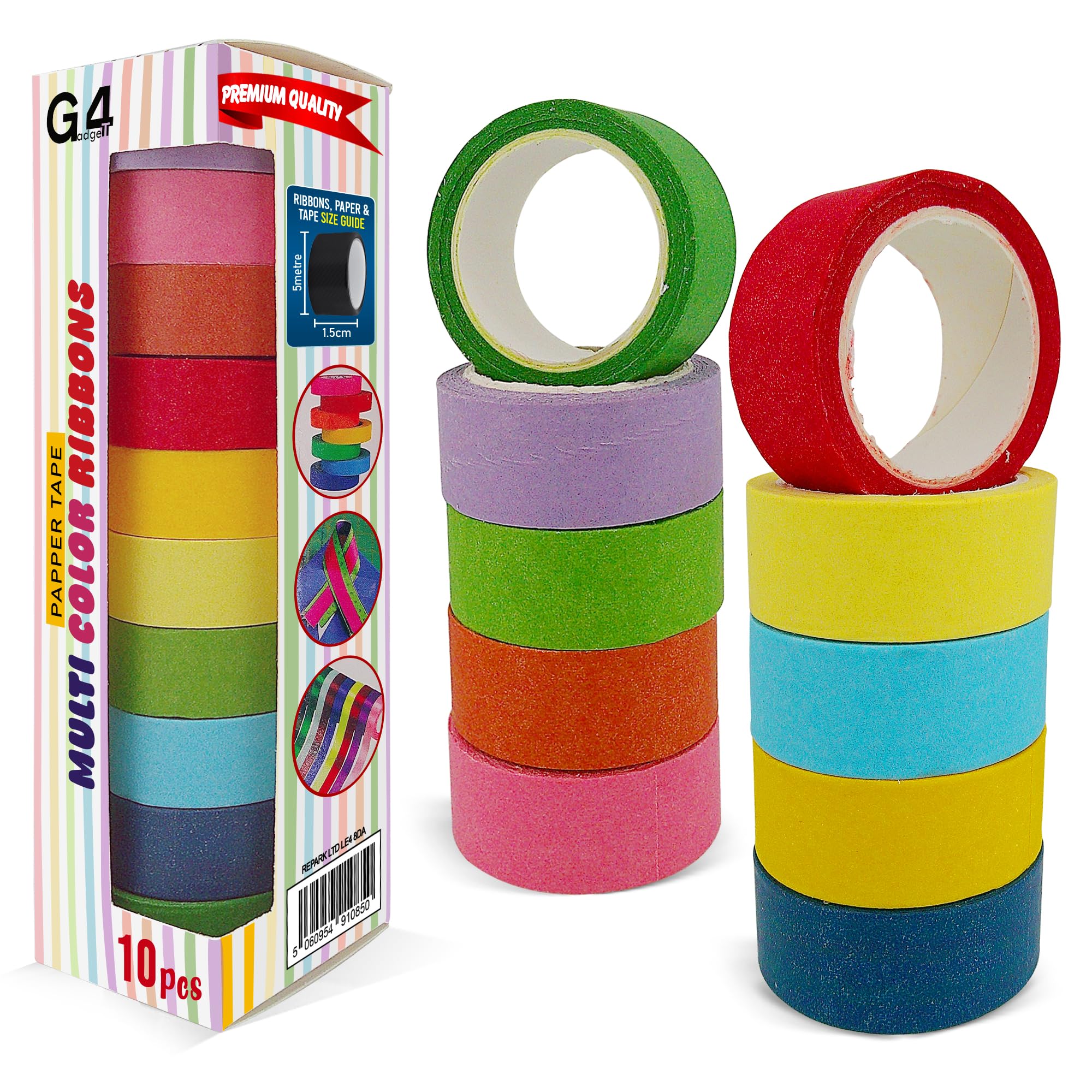 G4GADGET 10 Rolls Rainbow Washi Sticky Tape Set – 1.5cm x 5m Decorative Masking Tapes, Assorted Colourful Adhesive Craft Tape for Scrapbooking, DIY, Planner, Journals & Art Projects