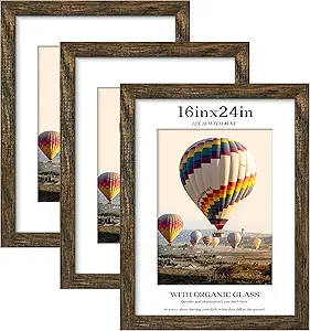 Picrit 16x24 Picture Frame 3 Pack, Brown Poster Frame, Display Poster 12 x 18 with Mat or 16 x 24 without Mat for Horizontal or Vertical Wall Mounting
