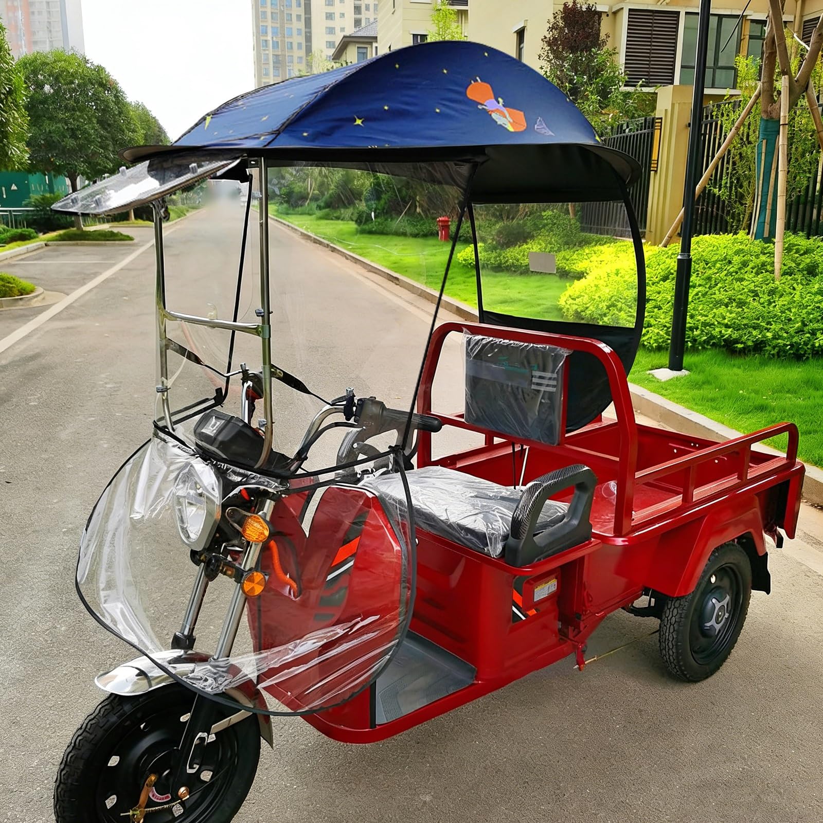 Pokrowiec na elektryczny rower trójkołowy, pokrowiec na rower trójkołowy z osłoną markizy, pokrowiec ułatwiający wchodzenie i wychodzenie, odporny na warunki atmosferyczne, na wszystkie pory roku