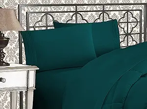 Elegant Comfort Luxurious 1500 Premium Hotel Quality Microfiber Three Line Embroidered Softest 4-Piece Bed Sheet Set, Wrinkle and Fade Resistant, Full, Marine Teal