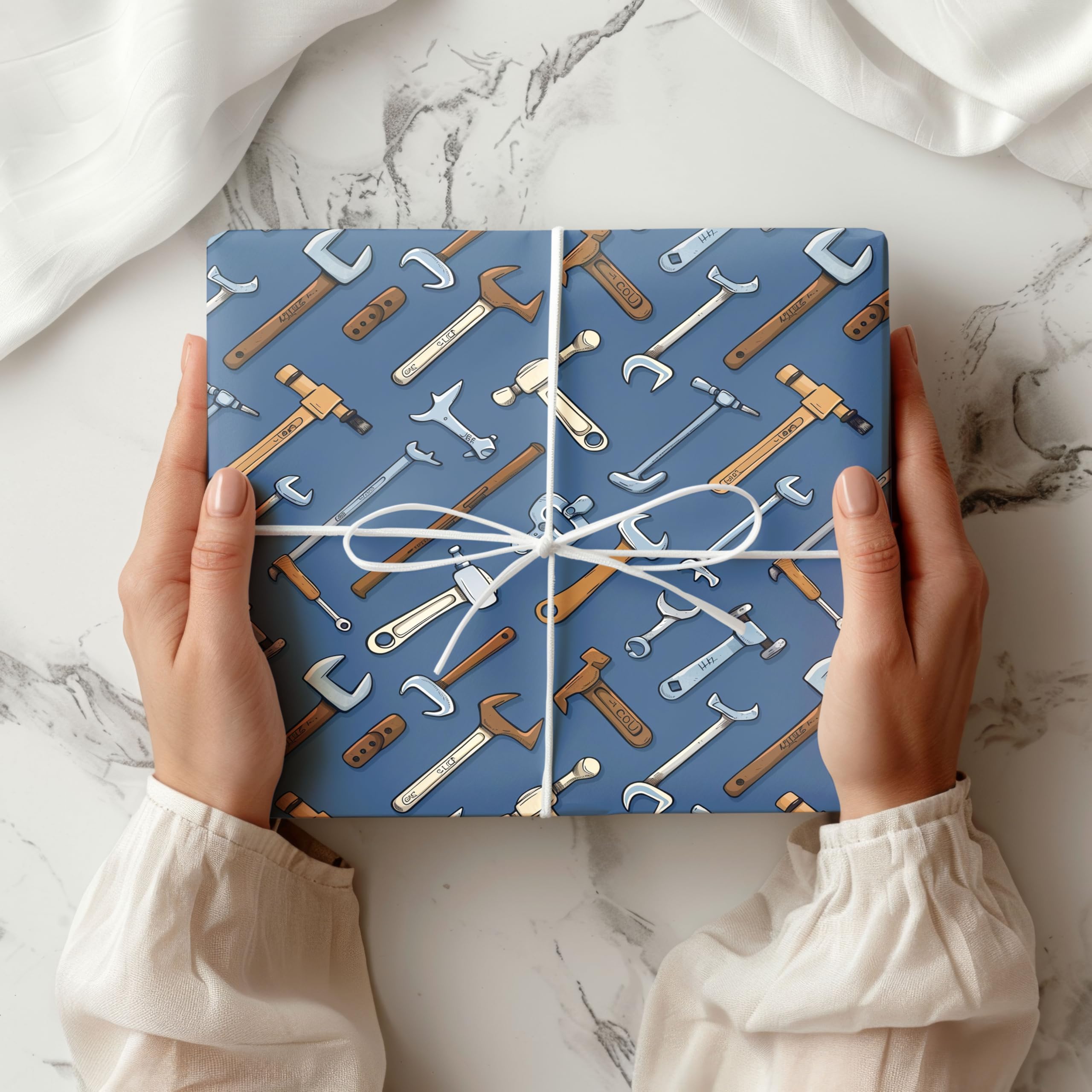 Tool Themed Wrapping Paper – Blue Background with Hammers, Spanners, and Wrenches – Father's Day or DIY Gift Wrap Sheet – W65 (Medium Sheet - 42 x 58cm / 15.7" x 22.8" inches)