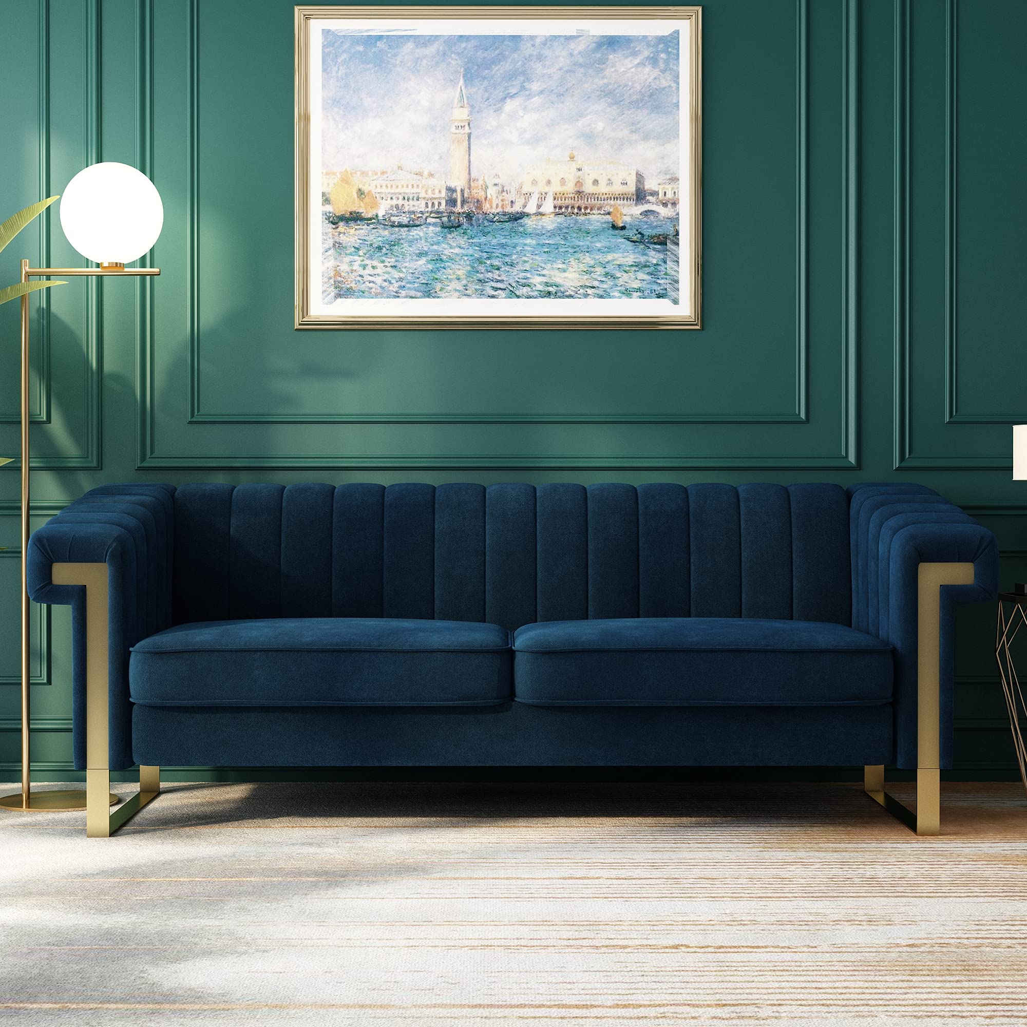 Buy Blue Velvet Couch Channel Tufted,JULYFOX 84 inch Wide Mid Century