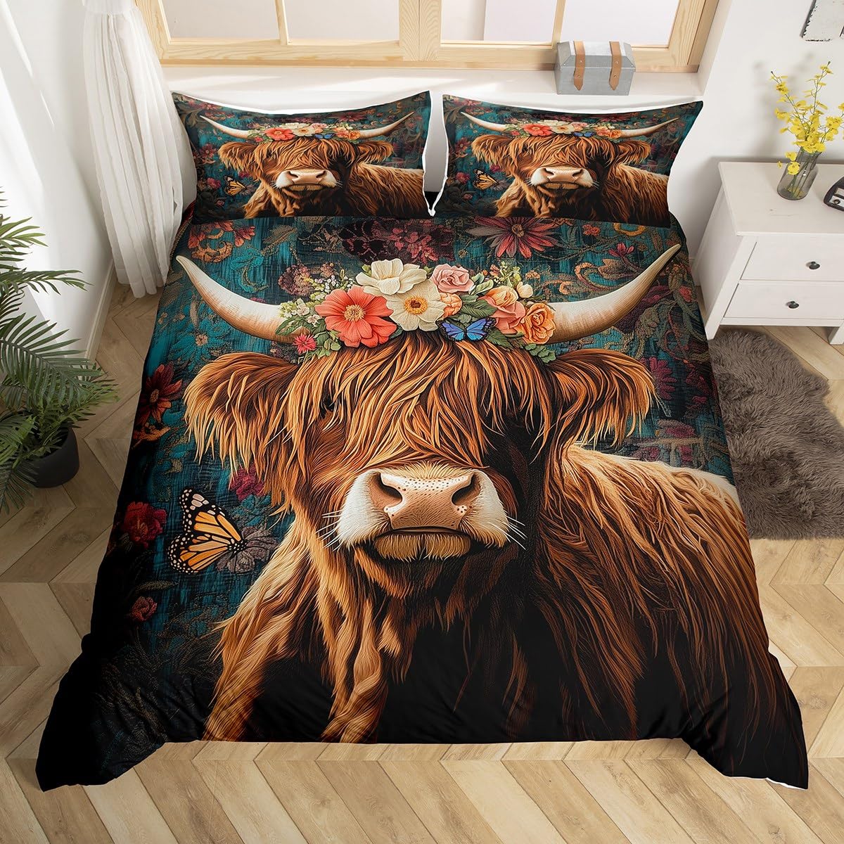 Loussiesd Highland krowa zestaw pościeli super king size miękki dla chłopców dziewcząt, bydło góralskie poszewka na kołdrę zwierzę mikrofibra dekoracja sypialni 3 szt. z 2 poszewkami na poduszki