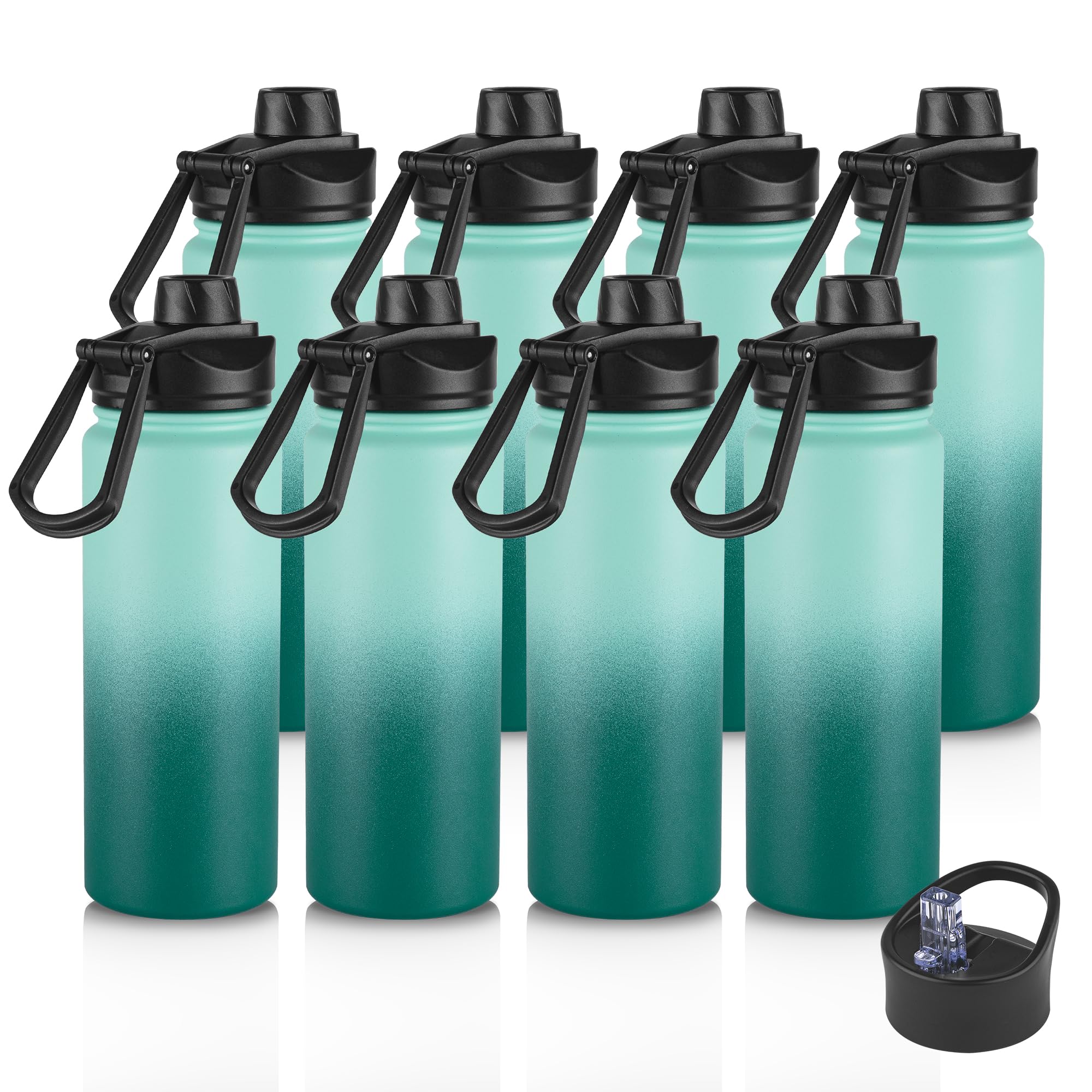 Gradient Green 8 Pack 24oz Insulated Stainless Steel Metal Water Bottle with Straw Wide Mouth Lid Double Wall
