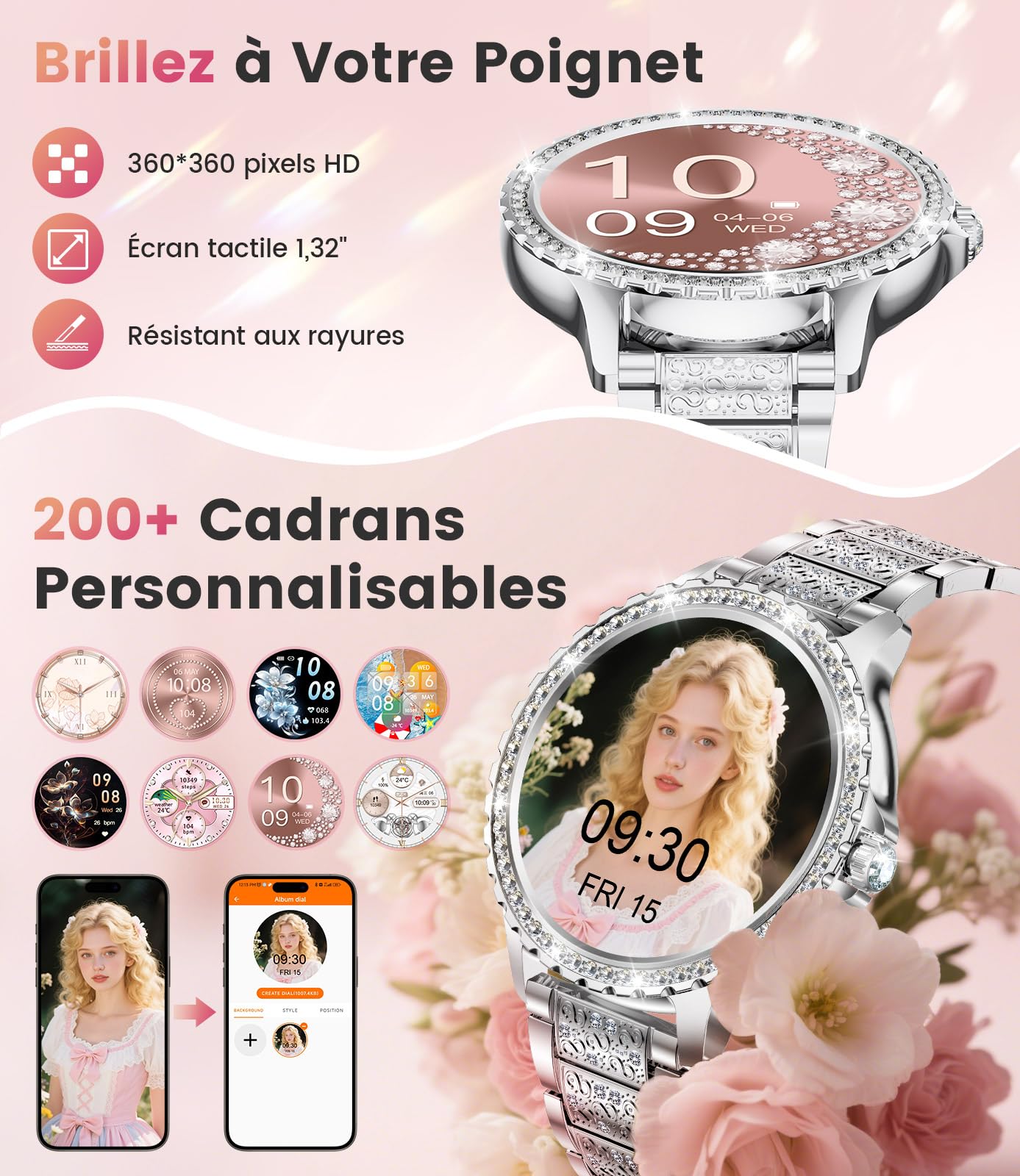 FITFLEX Montre Connectée Femme avec Appel Bluetooth: 1.32" Smartwatch avec Fonction Féminine Cardiofréquencemètre SpO2 Sommeil Montre Modes Sport Montre IP67 Fitness Podomètre pour Android iOS