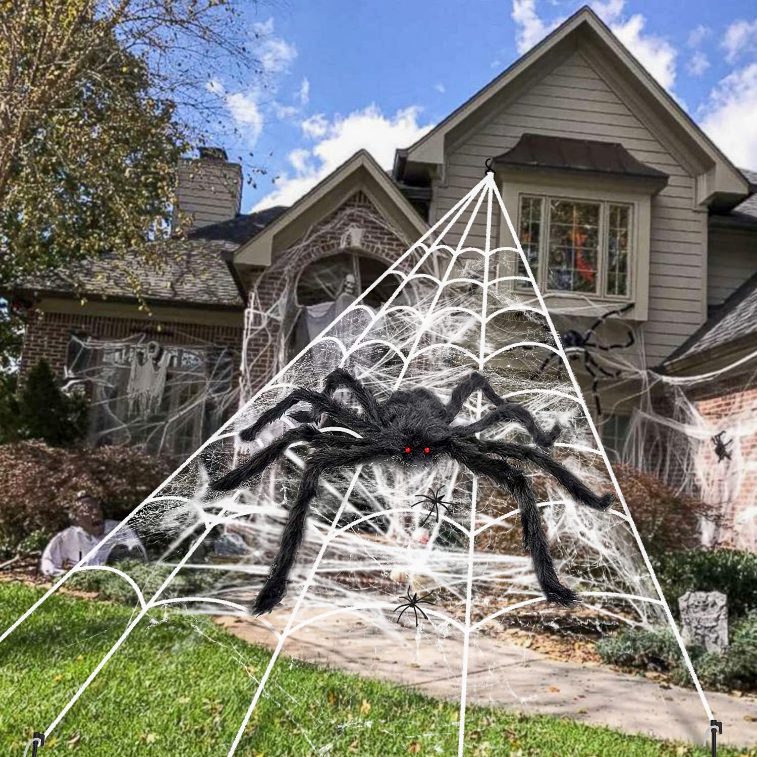 TLarder Halloween Decorations Giant Spider, Triangular Spider Web with Hook for Outdoor Yards, Lawns, Gardens, Homes, Offices, Walls, Windows Indoor Halloween Decor Haunted House Prop