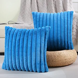 FUTEI Royal Blue Striped Decorative Throw Pillow Covers 24x24 Inch Set of 2,Square Fall Decorations Couch Euro Pillow Case,Soft Cozy Faux Rabbit Fur & Velvet Back,Modern Home Decor for Bed
