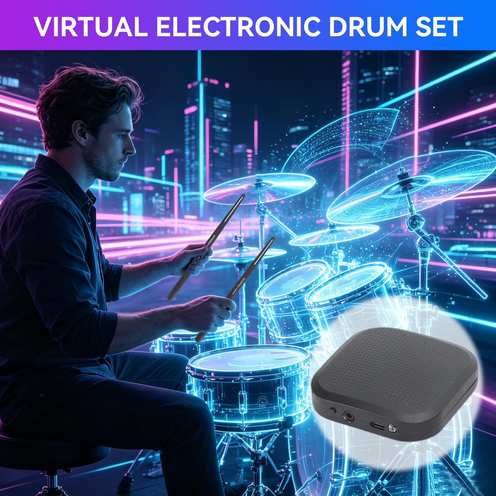 Set di batteria elettronica virtuale, bacchette ad aria interattive intelligenti portatili Batteria Bacchette digitali con rilevamento del movimento 3D per principianti Bambini