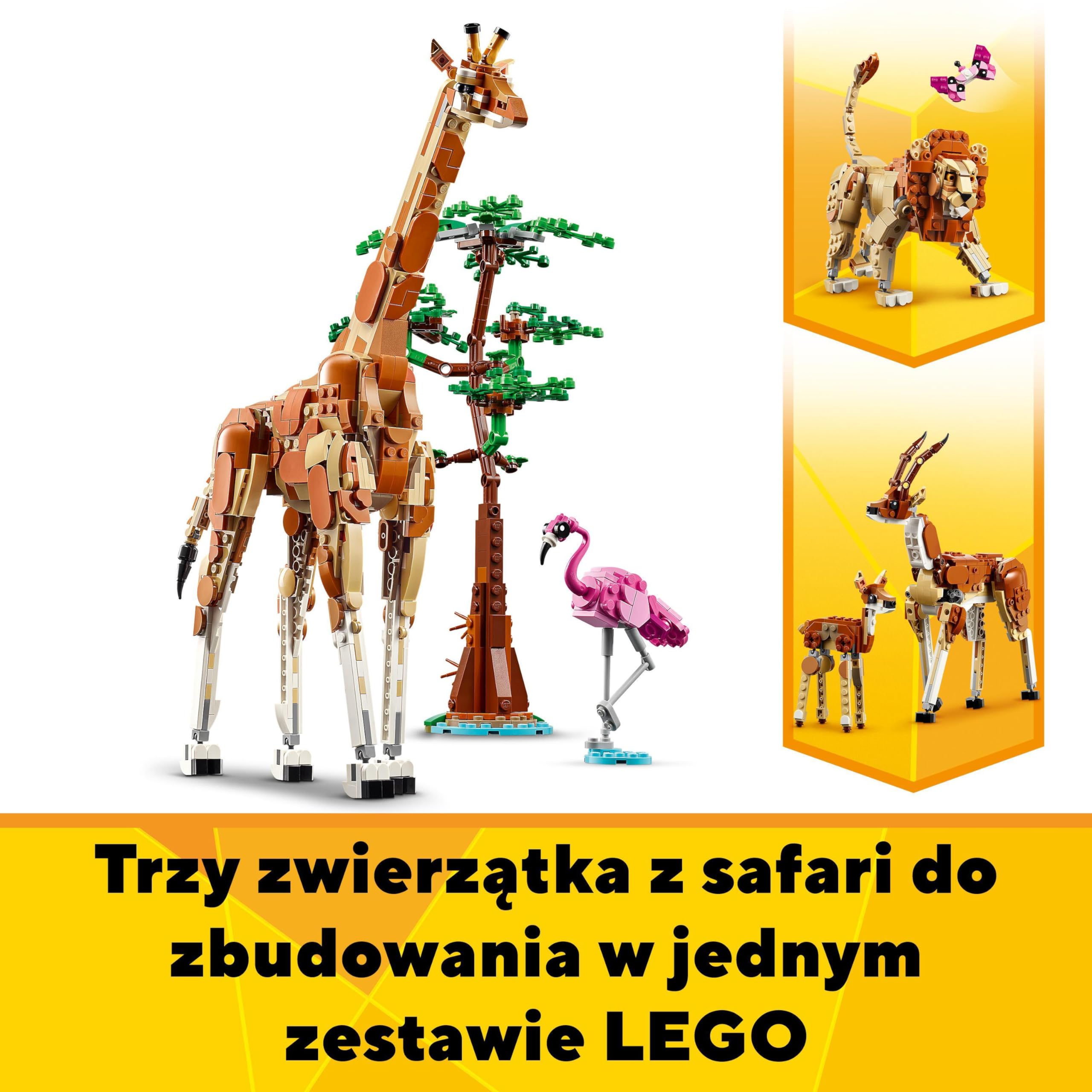 LEGO Creator 3 w 1 Dzikie zwierzęta z safari 31150 | Zestaw klocków konstrukcyjnych, figurka żyrafy do przebudowy na lwa lub gazele, prezent dla dzieci od 9 lat, 780 elementów