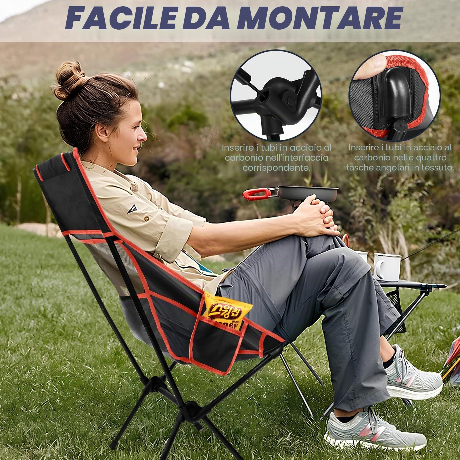 Sedia da Campeggio Pieghevole, Portatile Sedia Pieghevole Ultraleggera con Borsa da Trasporto, Max Portata 150 kg, Sedie Campeggio per Esterni, Giardino, Spiaggia, Pesca (Nero)