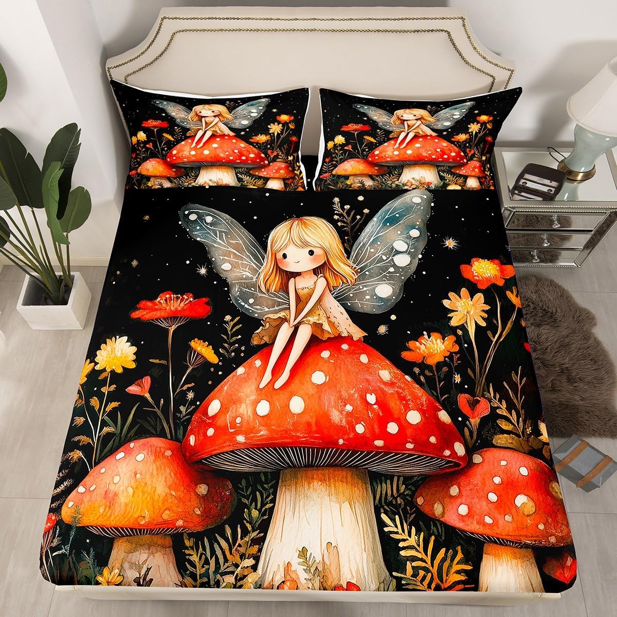 Cute Fairy Girl Fitted Sheet Full Size,Red Mushroom Bedding Sets 3Pcs for Kids Girls Boys Adult Room Decor,Tropical Botanical Bed Cover Trippy Fairy Tales Deep Pocket Sheet,2 Pillowcases