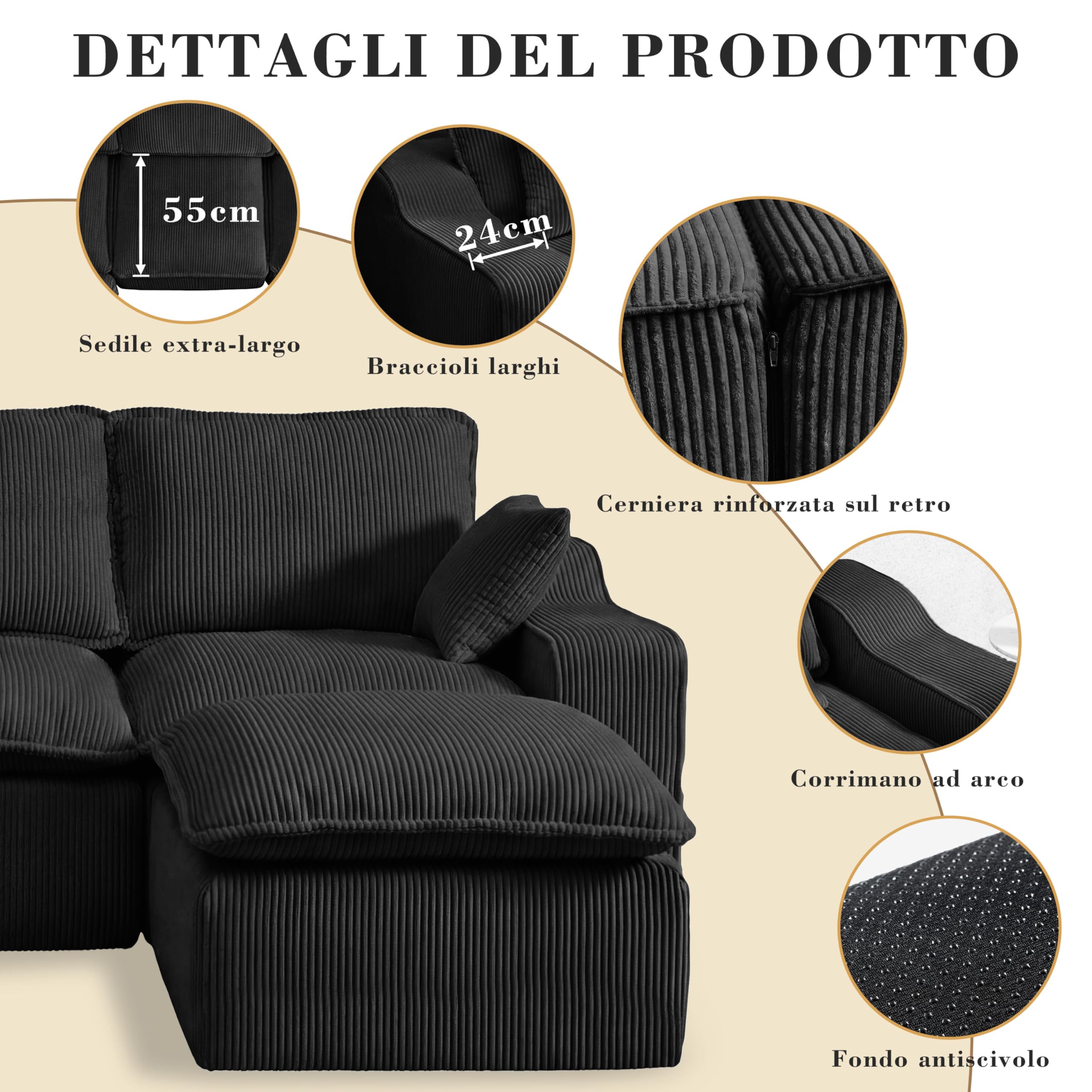 Vipbear Divano 4 Posti con 1 Pouf, Divano Cloud in Tessuto di Velluto a Coste con Seduta Profonda Imbottita, Seduta Extra Profonda e Morbida, Modulare Divano a L per il Soggiorno, Nero