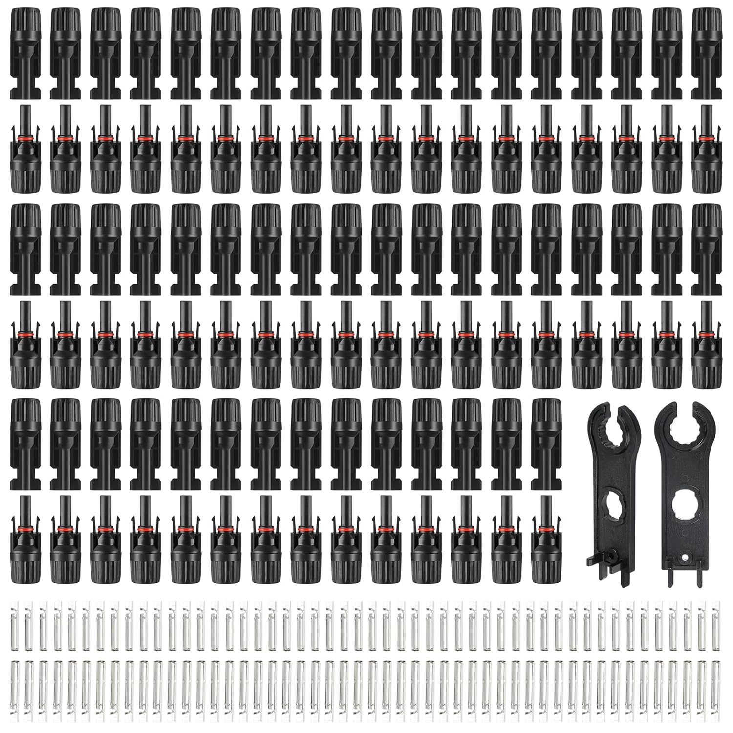100PCS MC4 Soar Connectors Solar Panel Cable Connectors 1000V 30A IP67 Waterproof Male/Female Plug with Spanners, Suitable for 14AWG-10AWG Solar Cables (50 Pairs)