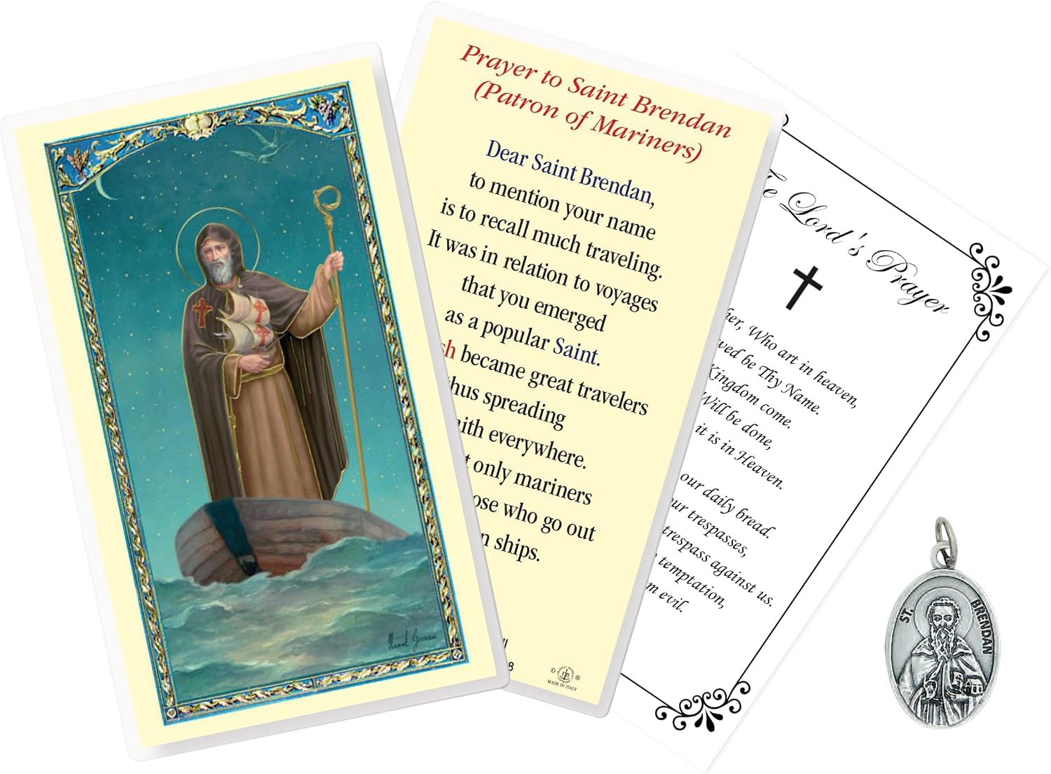 Trendzeen St Brendan Prayer Card - Made in Italy Saint Brendan Card, Pray for Us St Brendan Medal, Our Father Prayer Card - Patron of Mariners Saint Brendan Prayer Card Set, Total 3 Items