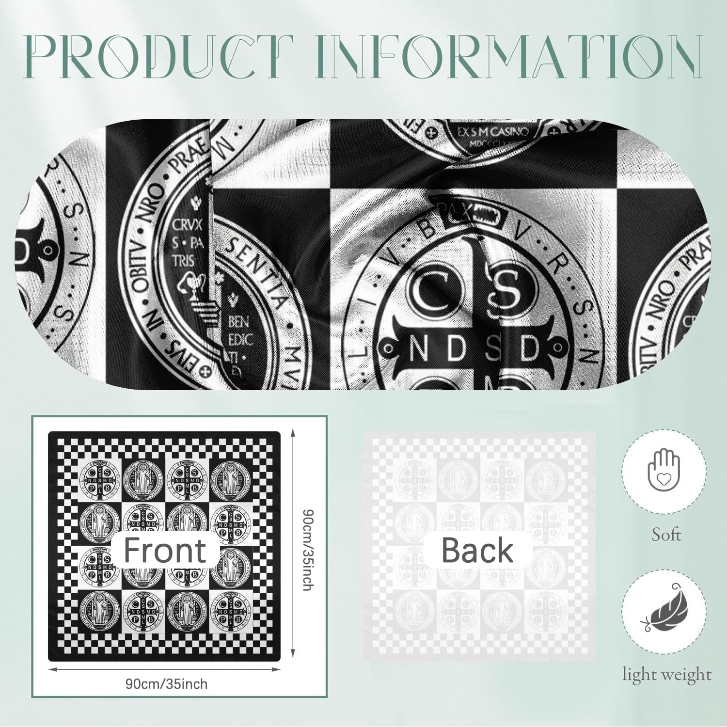 Saint Benedict Bandana, Black and White Checkered Pattern with Religious Medallion Design, Square Scarf, 35x35 Inch, Lightweight Soft Fabric, 2 Pack