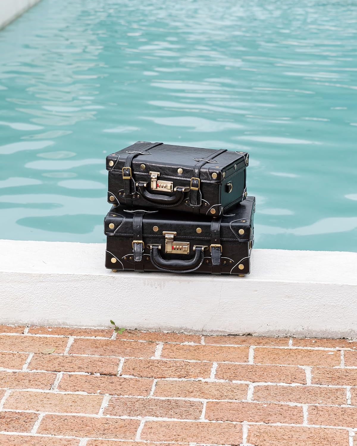 COTRUNKAGE 16" Carry On Suitcase Cute Pu Overnight Vintage Trunk Luggage Bag for Women with Strap, Full Black