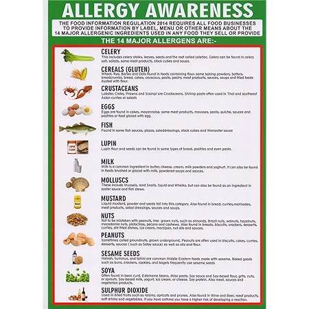 FOOD ALLERGY AWARENESS SIGN A4 LIST (297mm x 210mm) LAMINATED 400g 14 ...