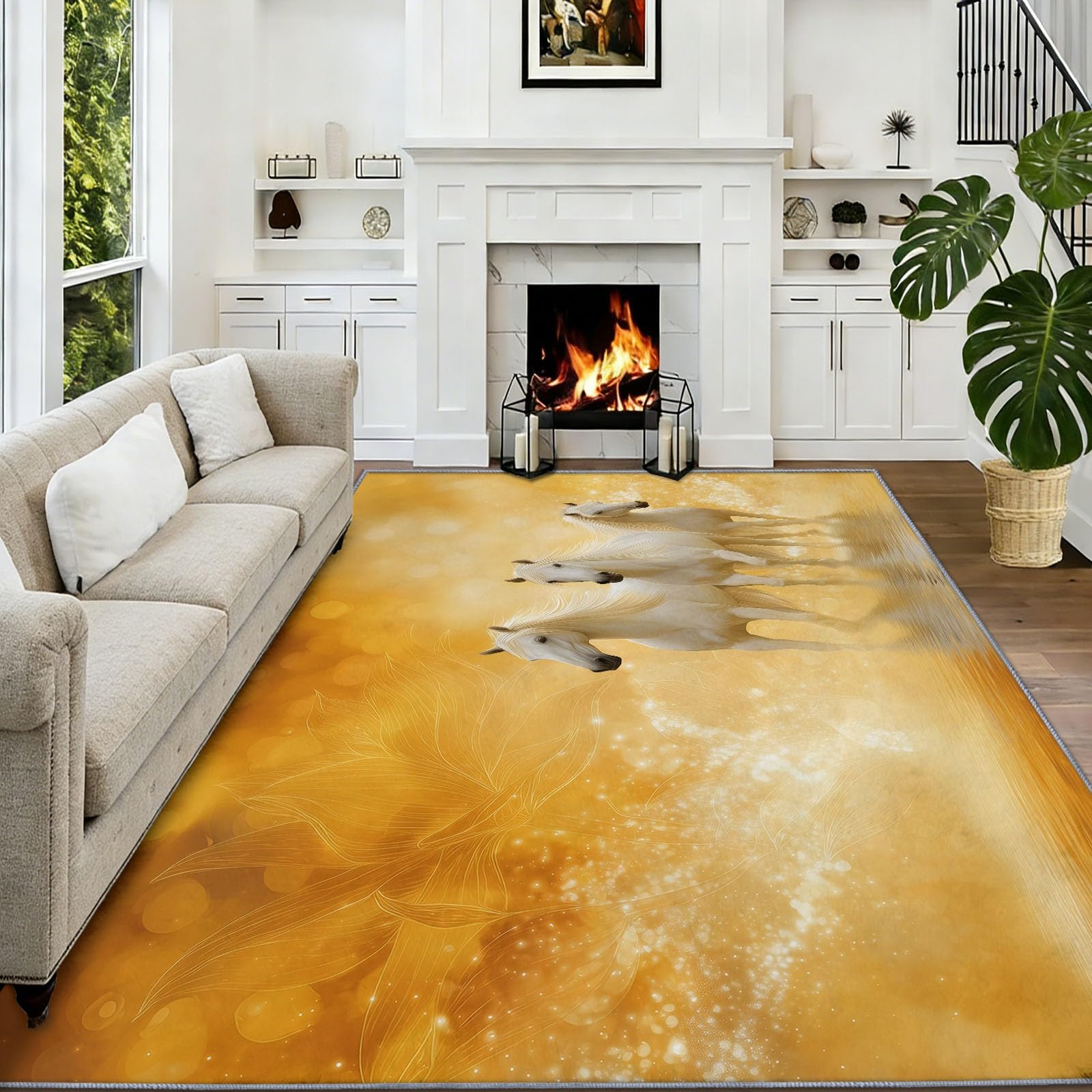 Tapis de salon 120 x 170 cm cheval blanc lotus moderne et antidérapant