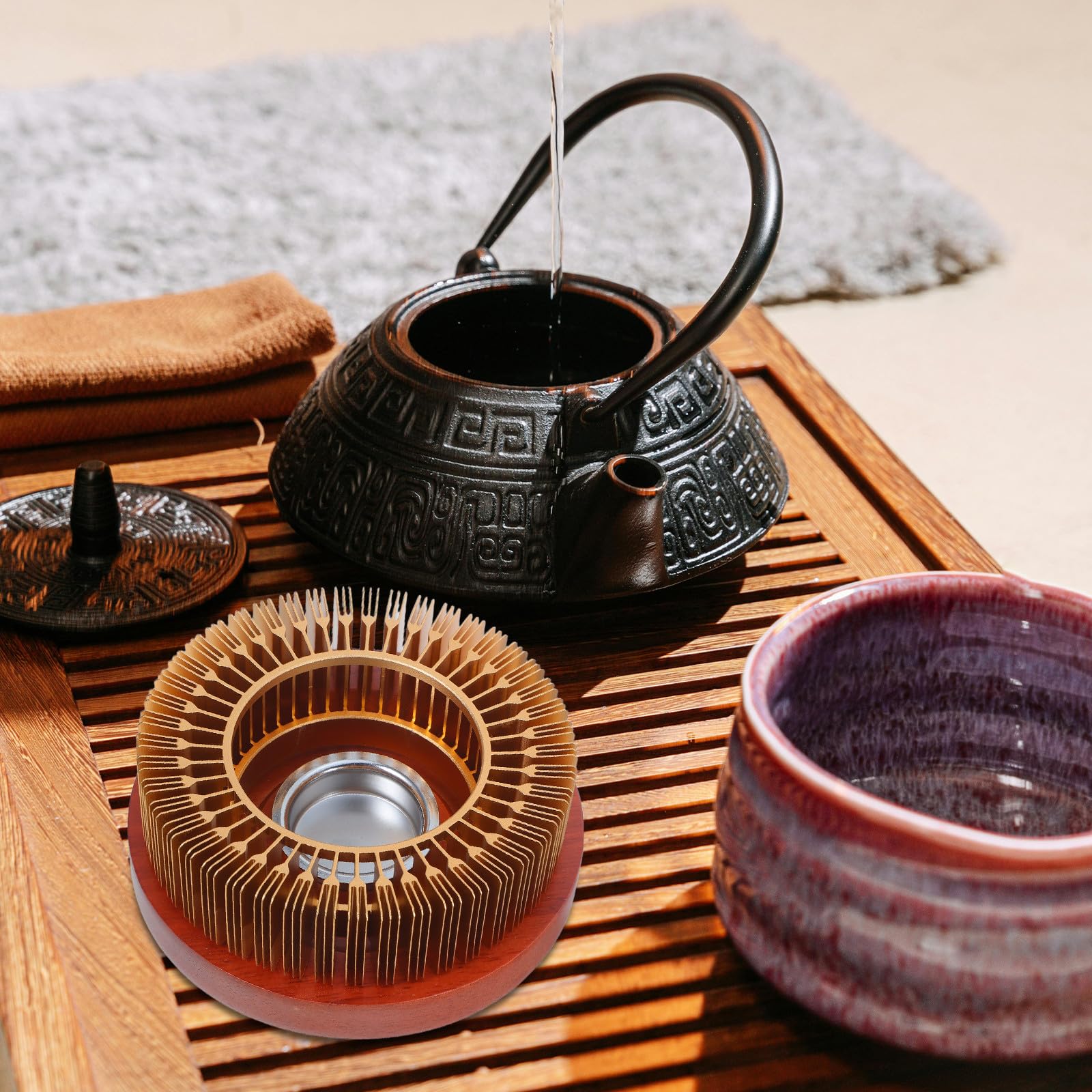 Calentador de té de Aluminio con Base de Madera, Calentador de Velas para Calentar té, café, Leche, Alimentos, Universal para teteras para el hogar, la Cocina, el Camping y los Viajes.