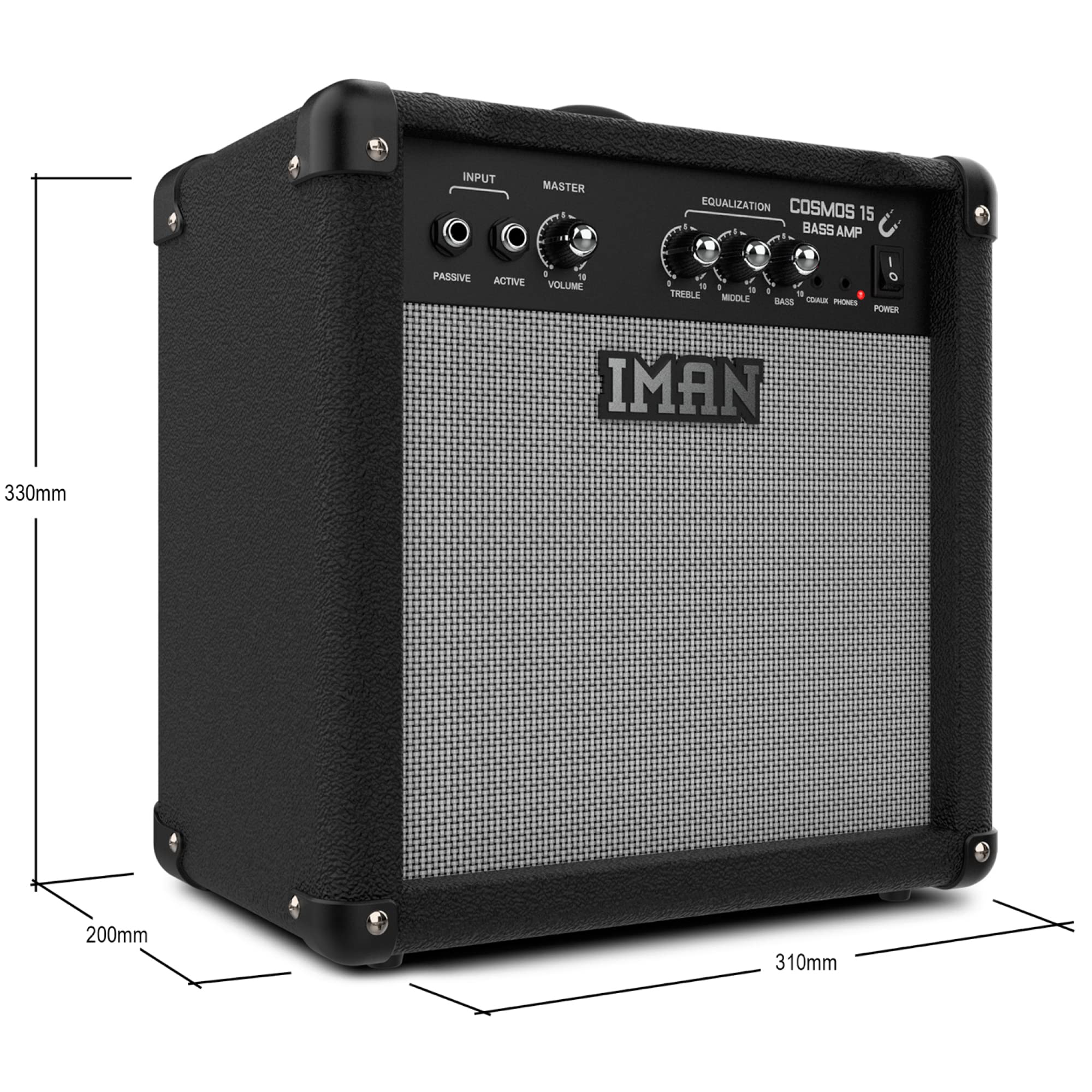 IMAN Cosmos 15 - Amplificador de Bajo Eléctrico - Amplificador Combinado de 15W para Bajo Activo y Pasivo - Dispone de Conector para Auriculares y Conexión Auxiliar - Control de Ecualización Sencillo