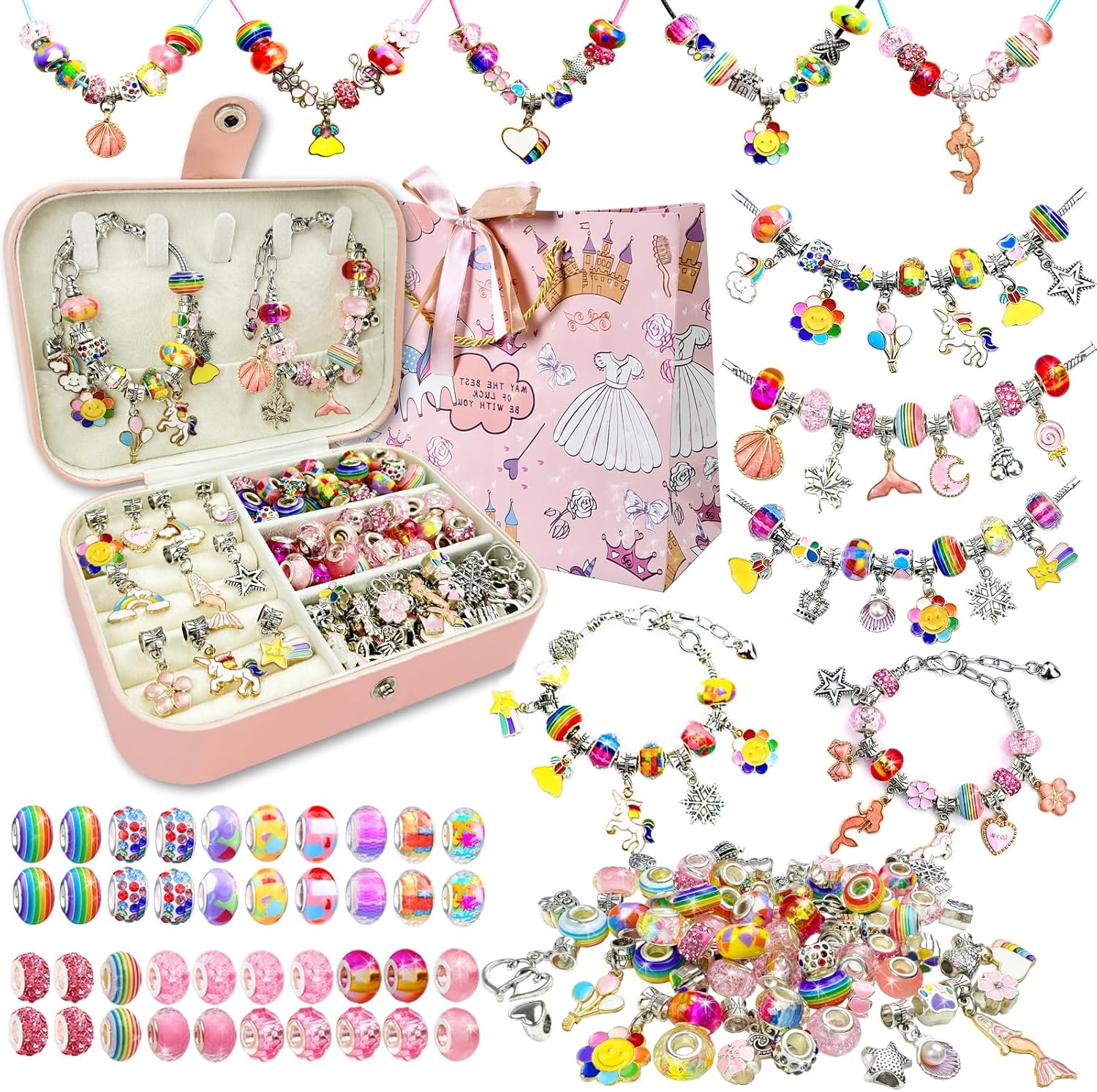 Charm Bracelet Making Kit for Girls 8-12, DIY Bead Jewelry Making Kit with Box, Arts and Crafts for Kids 6-8 Gifts for Girl Toys Age 6 7 8 9 10 11 12 Festival Birthday