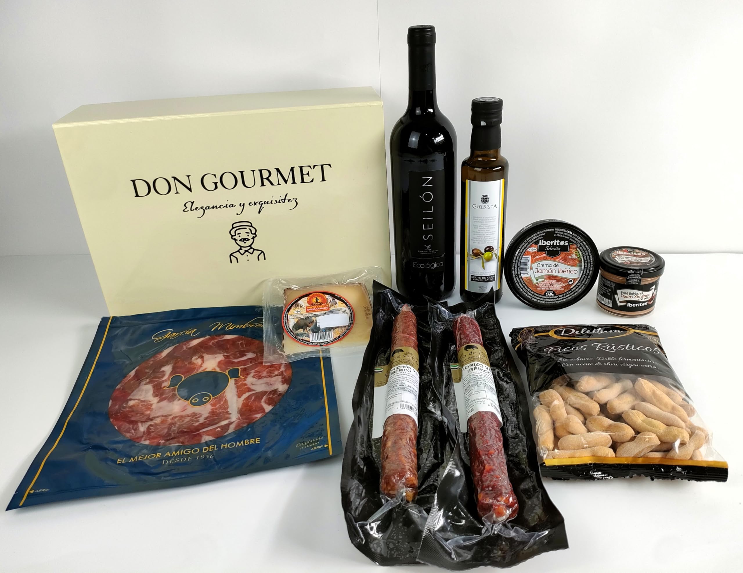 DON GOURMET, Cesta Gourmet para Regalar, Queso curado, jamón ibérico, chorizo ibérico, lote embutidos ibéricos, aceite de oliva virgen extra, patés, pack ibéricos, Regalo Original.