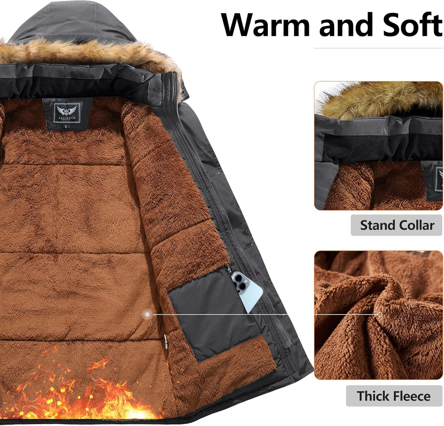 Men's Winter Thicken Coat Warm Faux Fur Lined Padded Puffer Parka Jacket with Removable Hood - Image 3