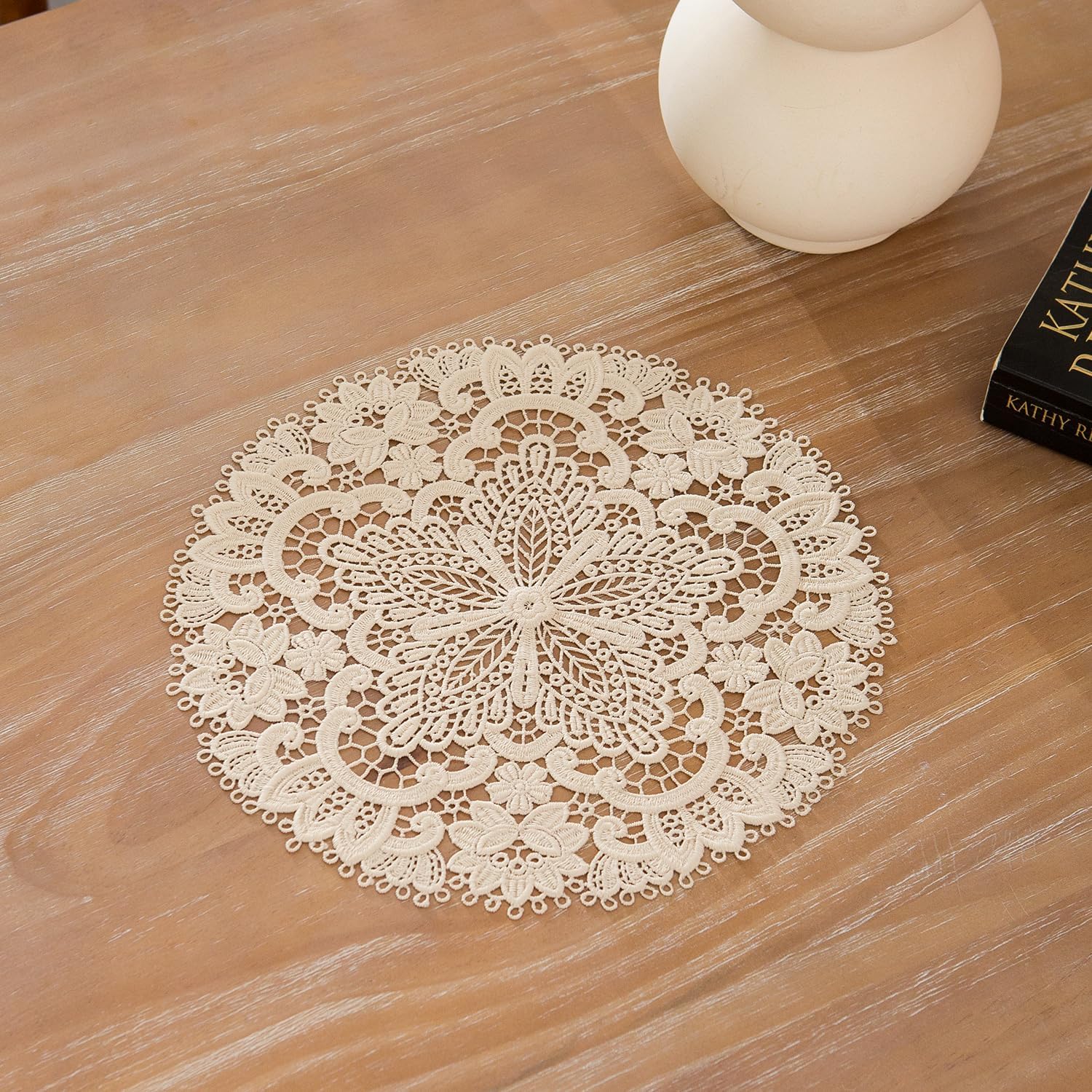 2Pack Round Lace Placemats for Dining Table,11 inch Diameter Delicate Floret Embroidered Lace Doilies vase mat for Christmas Daily Use, Washabl (Light Brown 11")