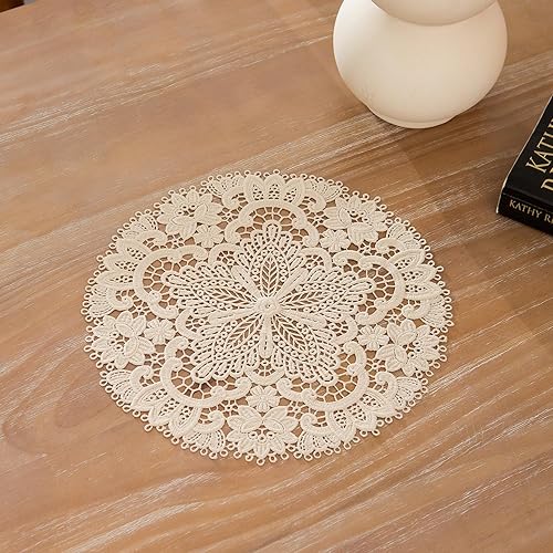 Miniatura 7 de Paquete de 2 manteles individuales redondos de encaje para mesa de comedor, 11 pulgadas de diámetro, delicado florete bordado de encaje para