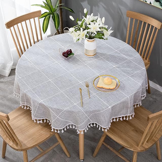 VIVILINEN Round Table Cloth Cotton Linen Wrinkle Free Tablecloths Plaids Tassel Washable Table Cover for Kitchen Home Dinning Grey 140cm Diameter