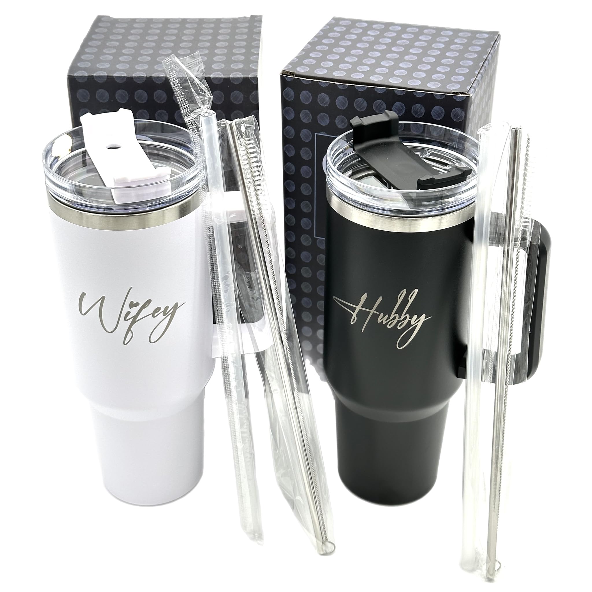 QualityVibe Wifey & Hubby Wedding Gift 40 oz Engraved tumbler Set Of 2 For couples With Straw & Brush. Christmas or Engagement Gift Set For Bride & Groom.