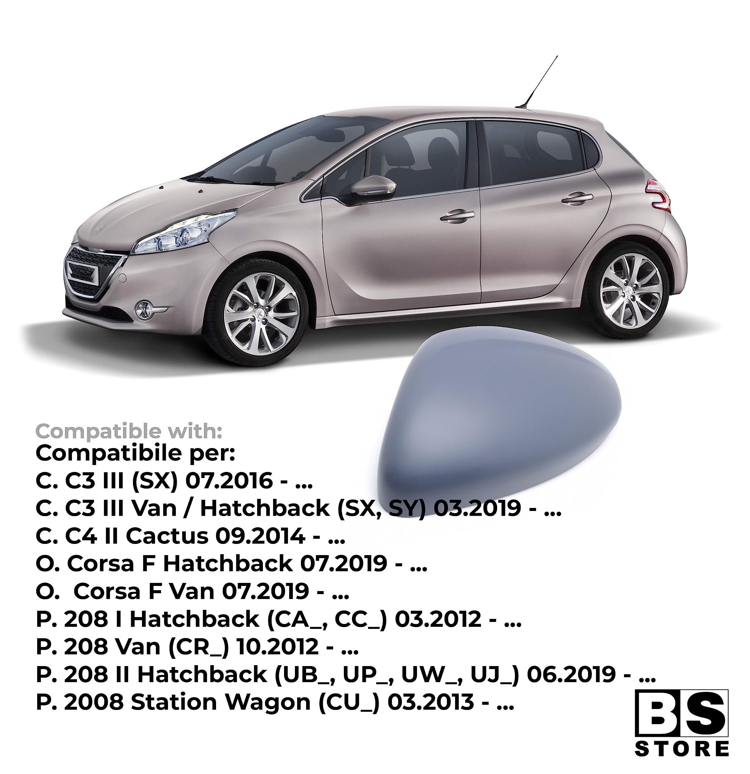 BSSTORE Calotte rétroviseur à peindre avec apprêt pour 208, C3 C4, Corsa F (gauche - côté conducteur)