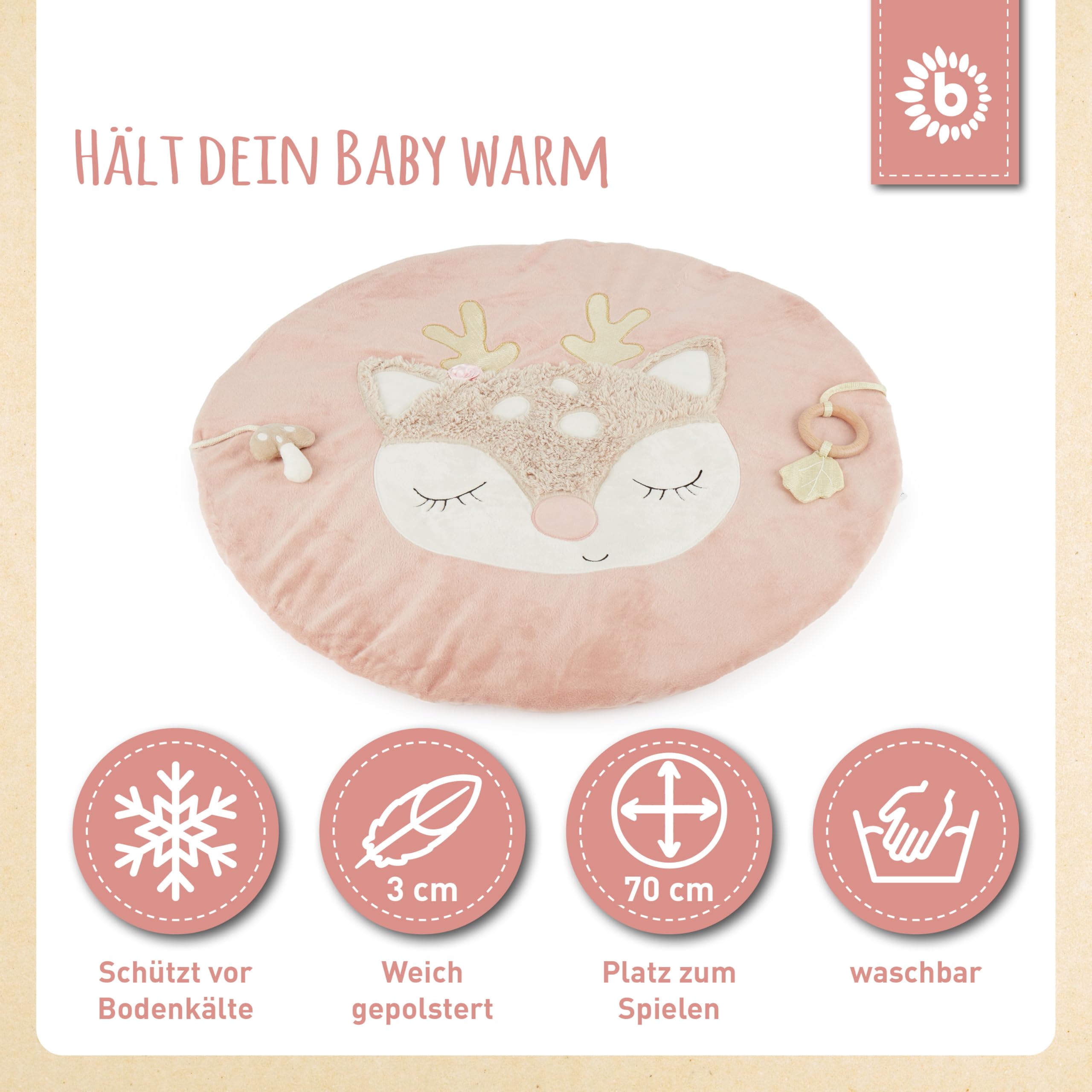 Bieco Krabbeldecke Reh | Babydecke Reh Ella | Baby Krabbeldecke rund gepolstert für Spielbogen Baby | Krabbeldecke für Baby Krabbeldecke gepolstert für Spielebogen Babies Holz Babydecke Boden