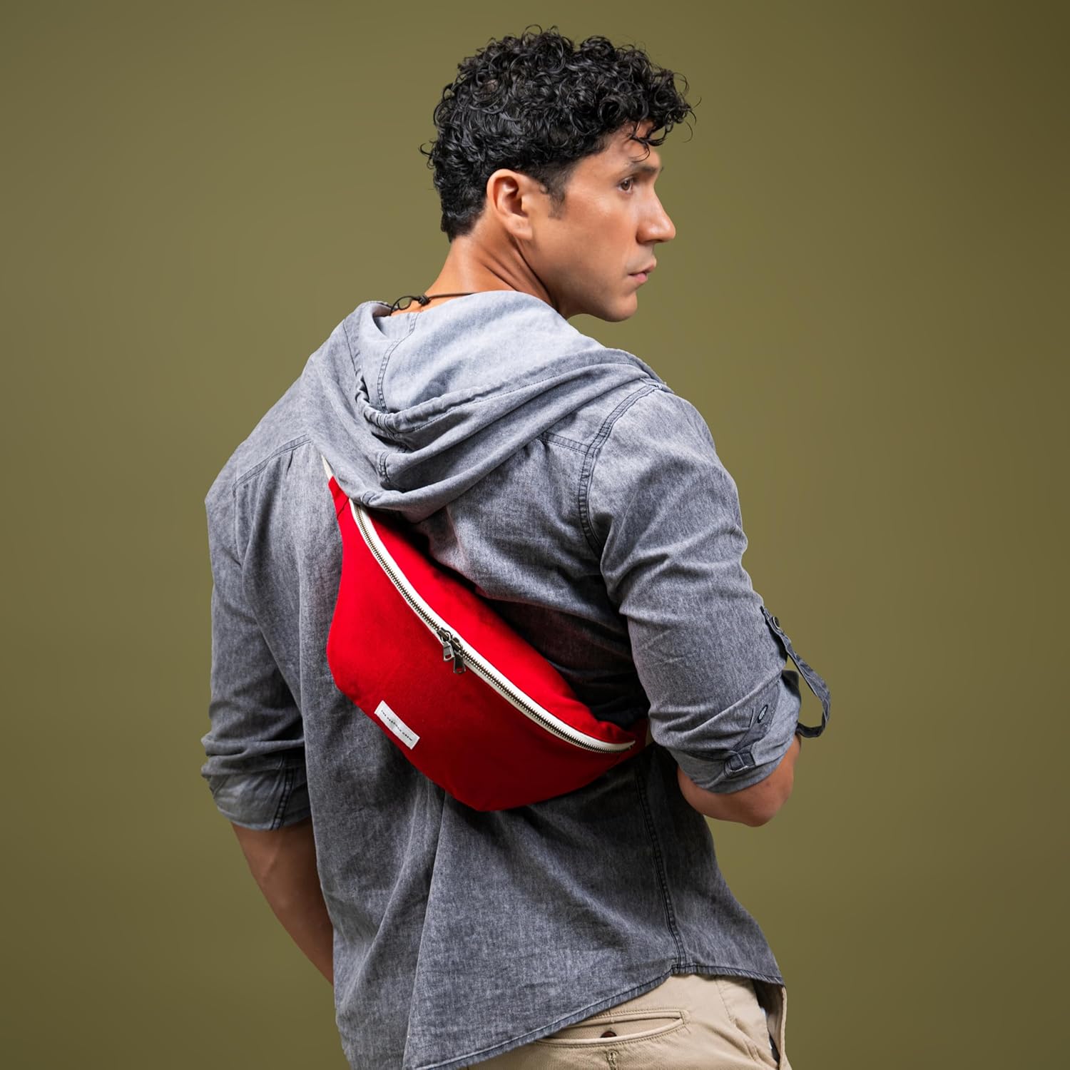 Spacious Red Crossbody Belt Bag in Cotton Canvas – Lightweight Comfortable & Elegant Sling Pouch Travel Safe Design & Daily Use – Dual Zippers Fanny Pack for Men & Women - Image 3