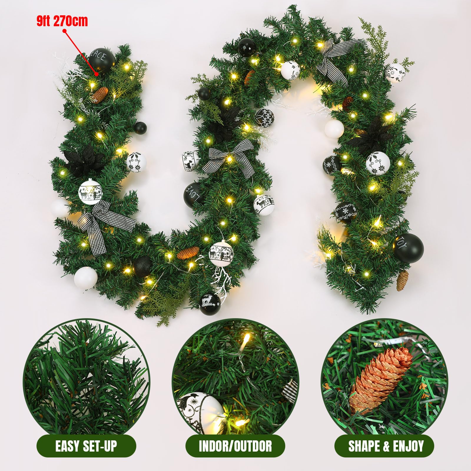 Lyrow 9ft Christmas Pre Lit Garland with Lights Black and White Garland with 50 LED Lights and Ball Ornaments for Stairs Indoor Outdoor Mantle Window