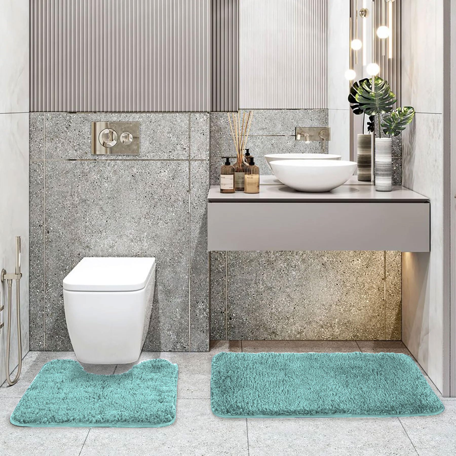 LUXE HOME INTERNATIONAL Polyester Contour Bath Mat – Washable, Anti Skid, Water Absorbent Contour Mats for Bathroom, Toilet, Wash Basin & Bathroom Contour Mat Set (Aqua, 45x 75 cm & 40x45)