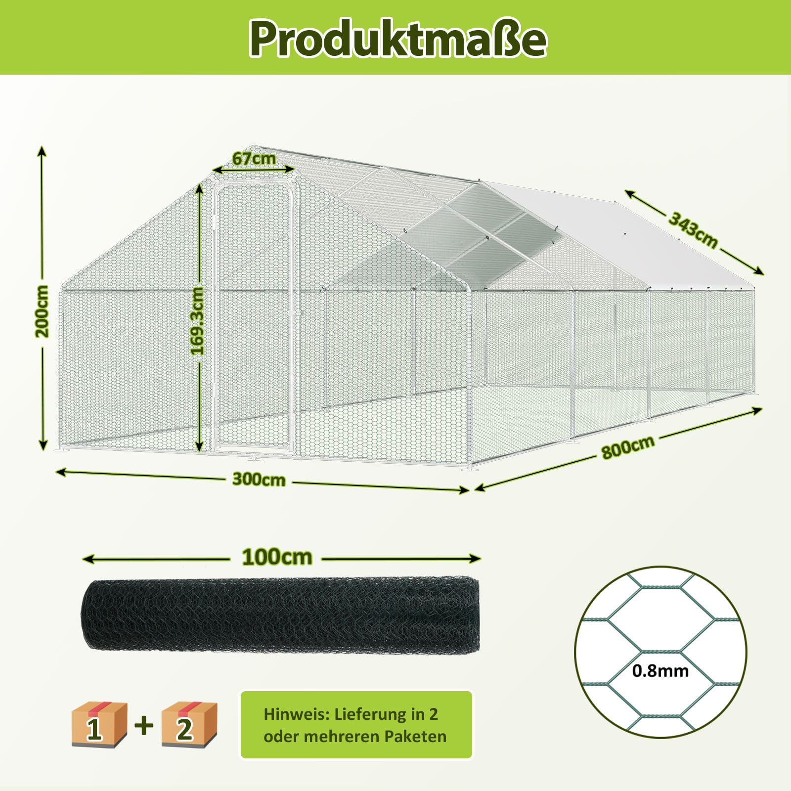 Gallinero XXL con cerradura de seguridad y paño de color PE impermeable, mucho espacio para pollos, conejos y otros animales pequeños, marco de acero estable, 3 x 8 x 2 m,Red