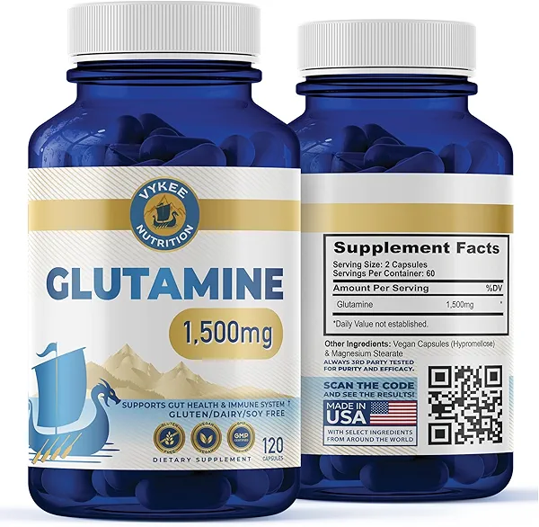 Vykee Nutrition L-Glutamine Capsules – 1500mg High-Potency Amino Acid for Muscle Recovery, Gut Health & Immune Support | Vegan, Non-GMO | 120 Capsules