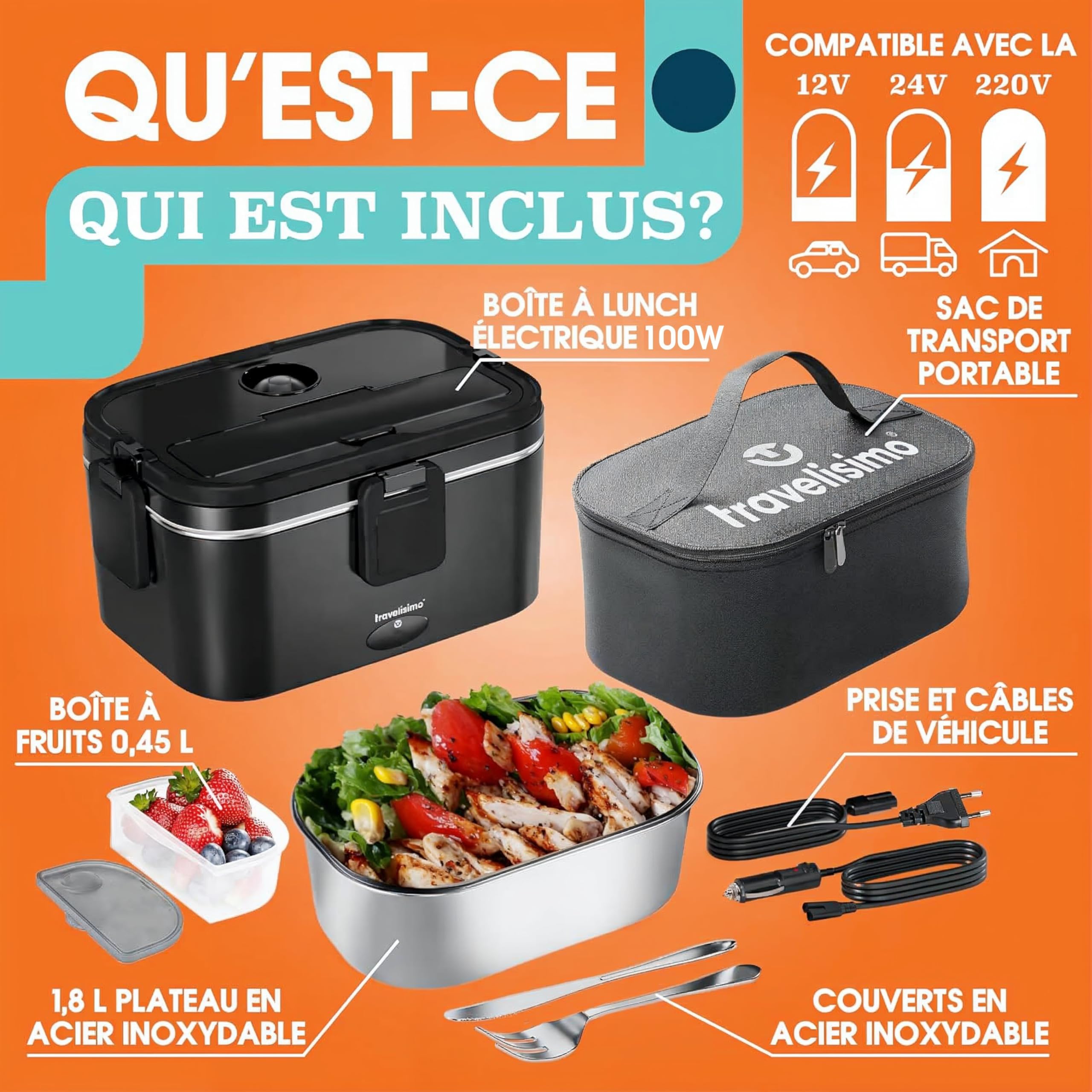 TRAVELISIMO XL Gamelle Chauffante Grande Capacité 1,8L Lunch Box Chauffante 100W Chauffe Repas 3 en 1 220V 24V 12V, chauffe Plat voiture, Gamelle Chauffante Allume Cigare, Acier Inoxydable