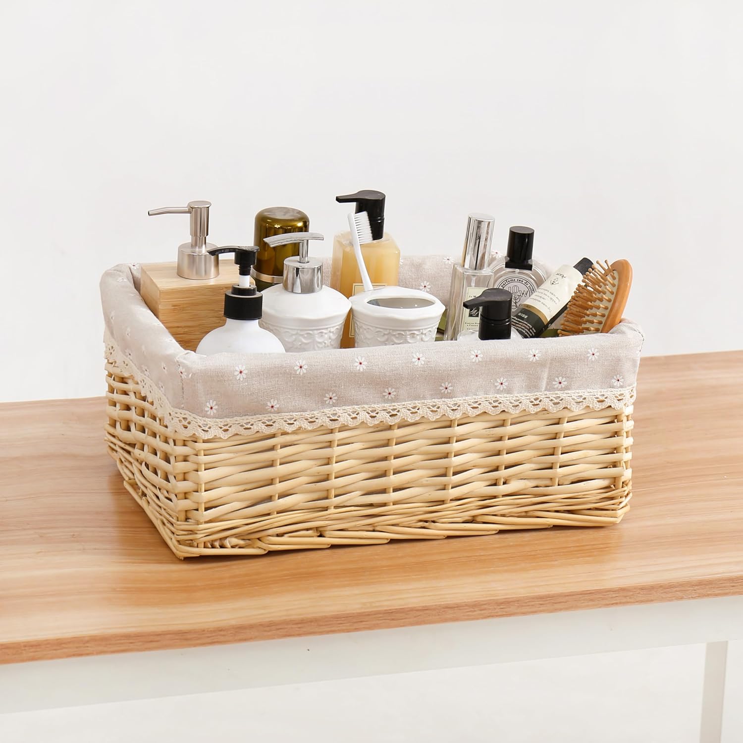 Handcrafted Shelf Basket, Handwoven Wicker Basket, for Storage & Organizing, Natural Willow Materials with Cotton Lining, Rectangular, 1 Pack, Extra Large