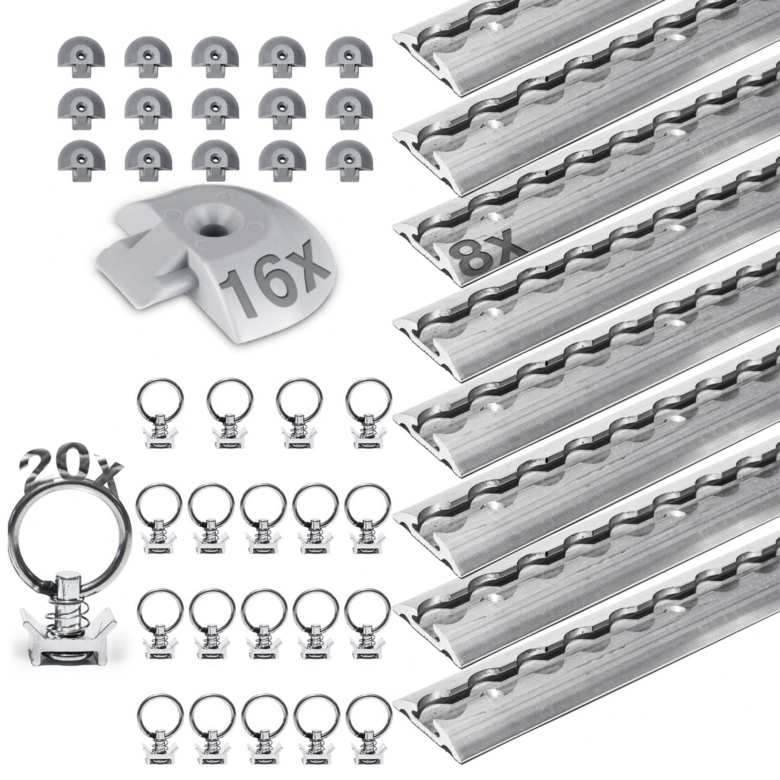 Safetytex Airlineschiene Starterset 8 x 1 m Zurrschiene | Halbrunde Zurrschiene, 20 Single Fittinge, 16 Endkappen, flexible Ladungssicherung für Transporter, Anhänger und Fahrzeuge
