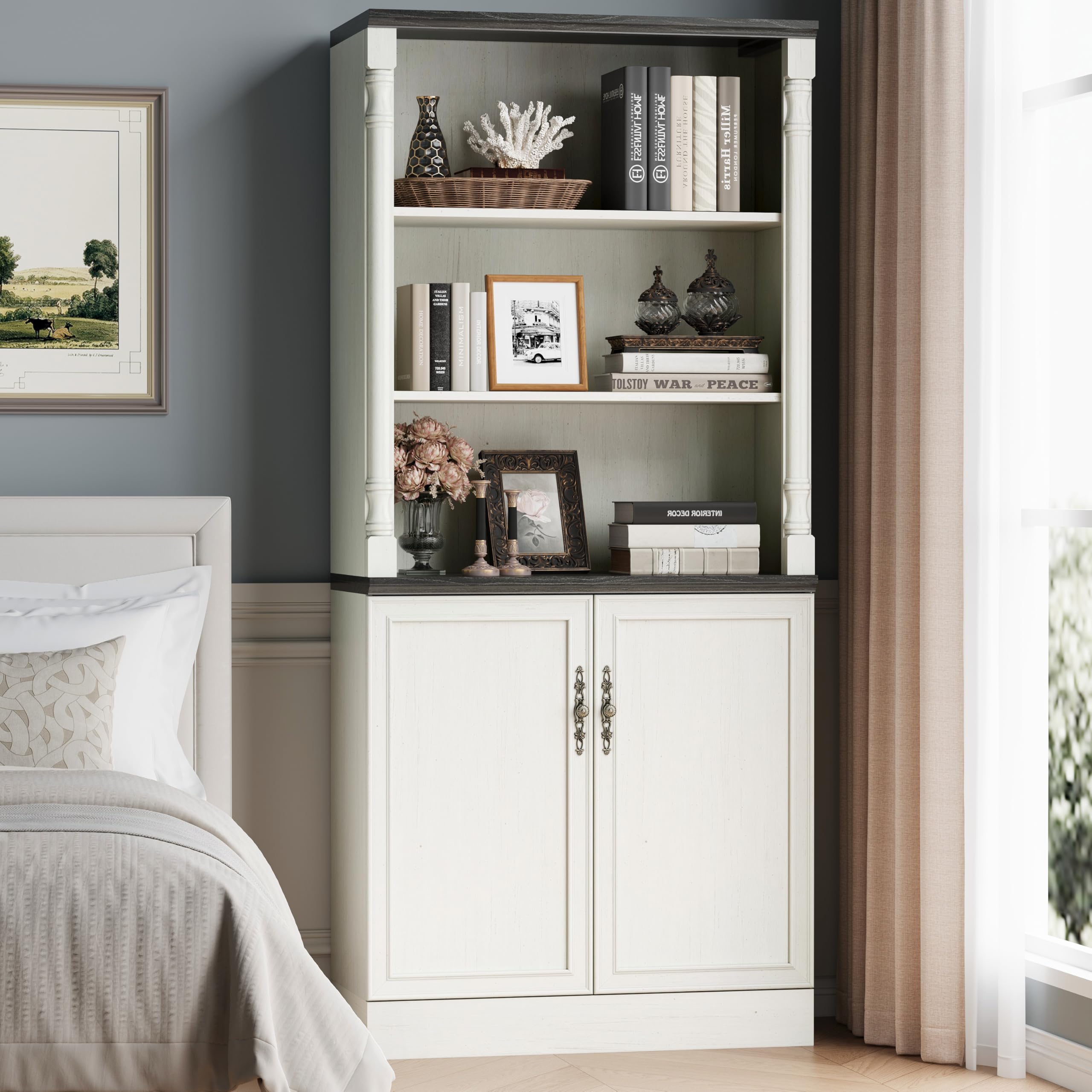 METOTI 71'' Tall Bookshelf with Doors, Bookcase Storage Cabinets with 5-Tier & Adjustable Shelves, Wooden Deep Book Shelf Kitchen Pantry for Living