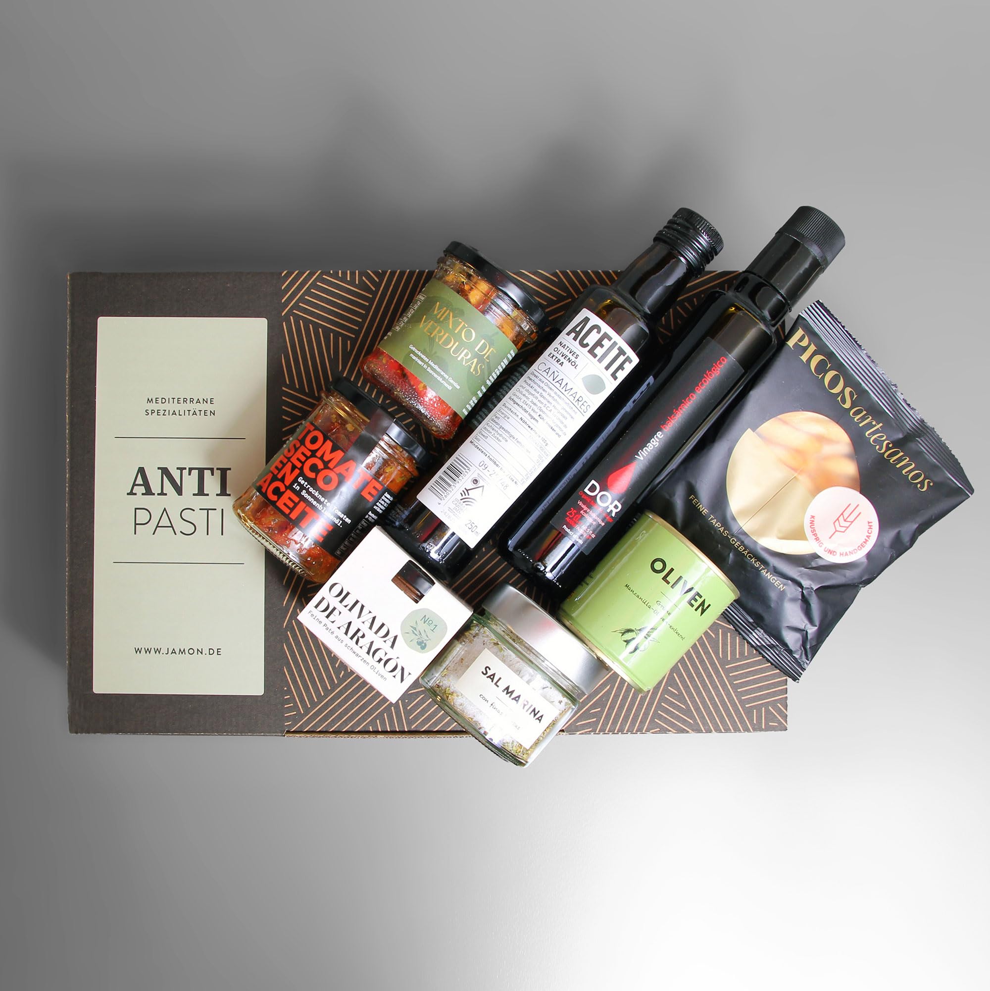 Antipasti Vegane Delikatessen-Präsentbox Mediterran Genießen mit Olivenöl Extra Balsamico Meersalz Geschenkidee GESCHENKVOLL