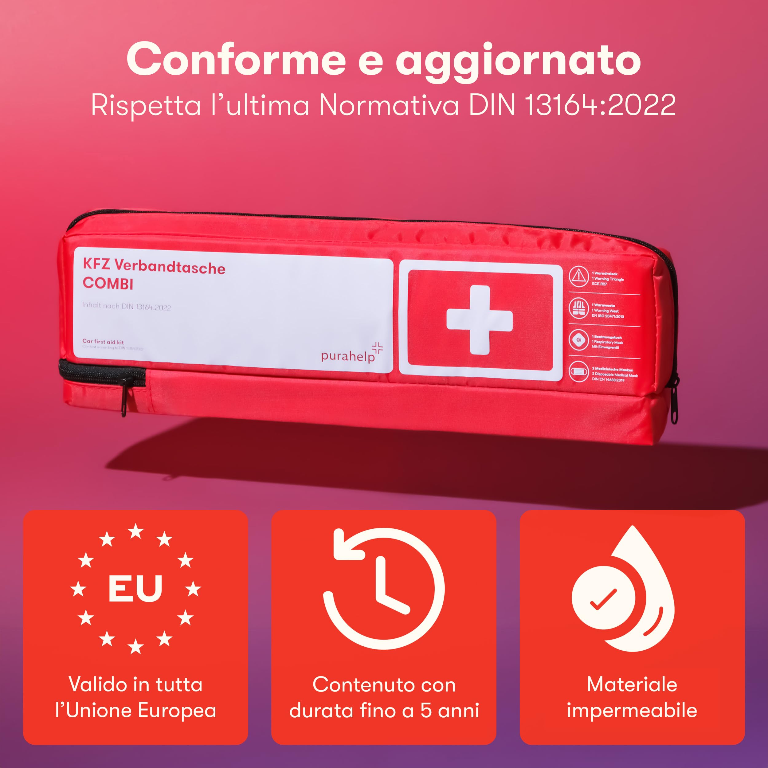 3-in-1 Kit Pronto Soccorso Auto - Con Triangolo Auto Omologato e Gilet Alta visibilita - Conforme alla Norma DIN 13164