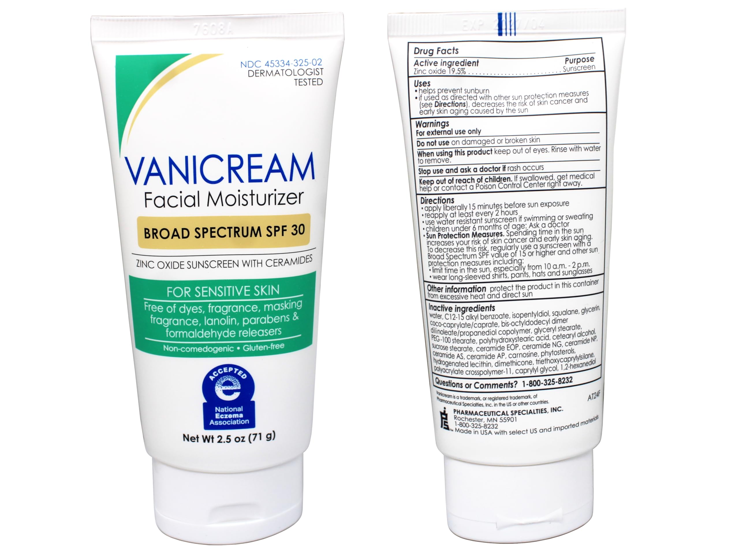 Vanicream Facial Moisturizer SPF 30 Zinc Oxide Sunscreen, 2.5 oz Pack of 3