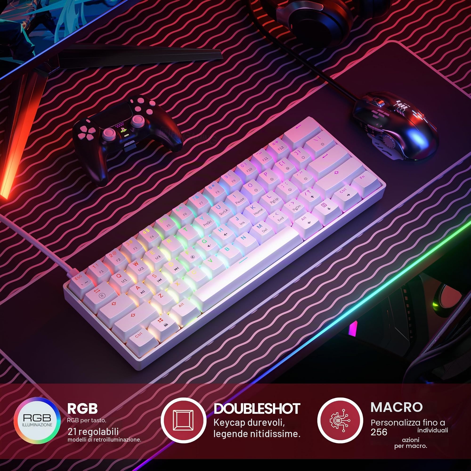 HKKB GK61 Mechanical Gaming Keyboard 60 Percent | 61 RGB Rainbow LED Backlit Programmable Keys | USB Wired | For Mac and Windows PC | Hotswap Gateron Optical Yellow Switches | White